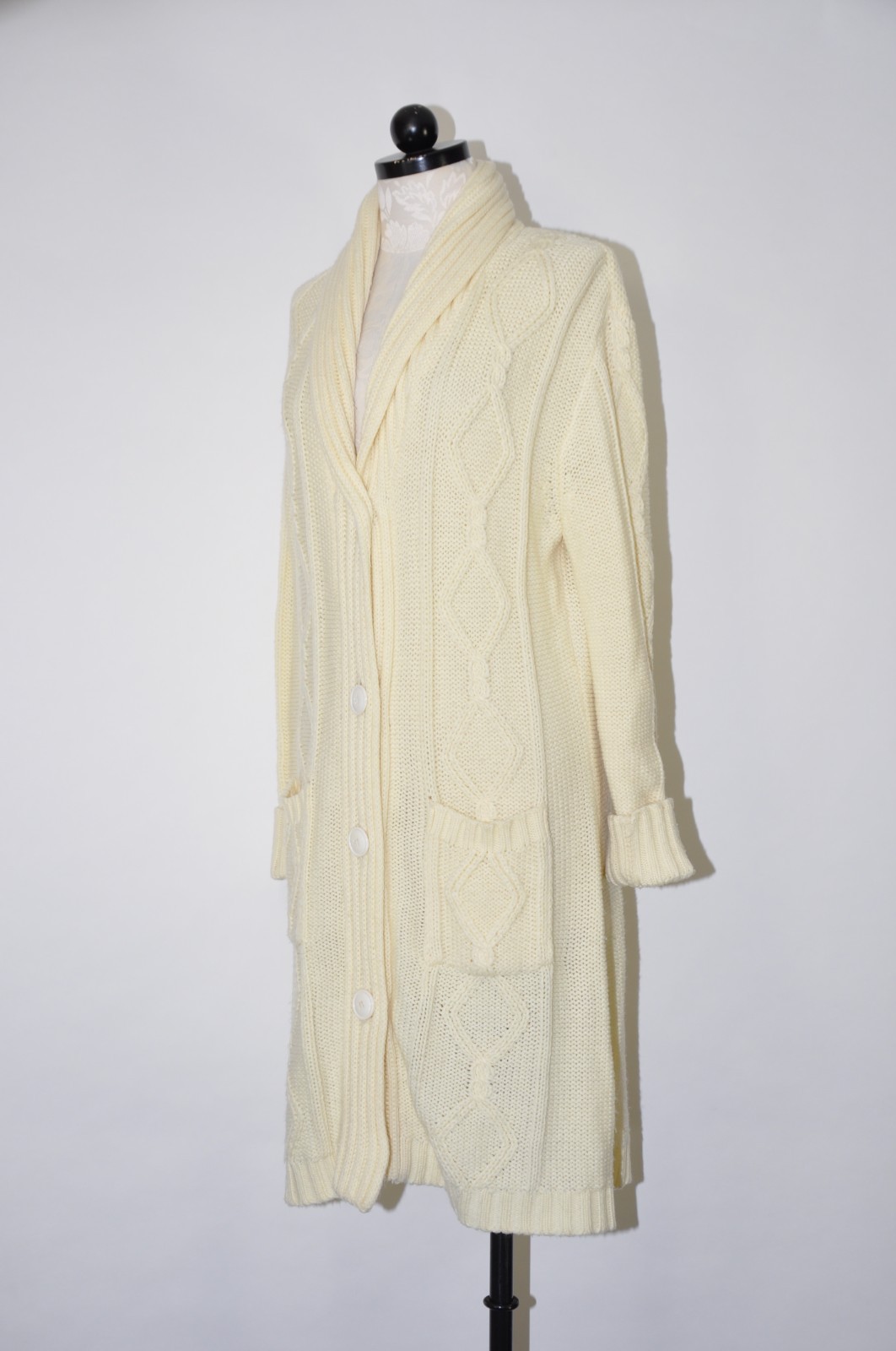 70s Cream Fisherman Cable Knit Shawl Duster Long Cardigan Sweater Coat Women M L