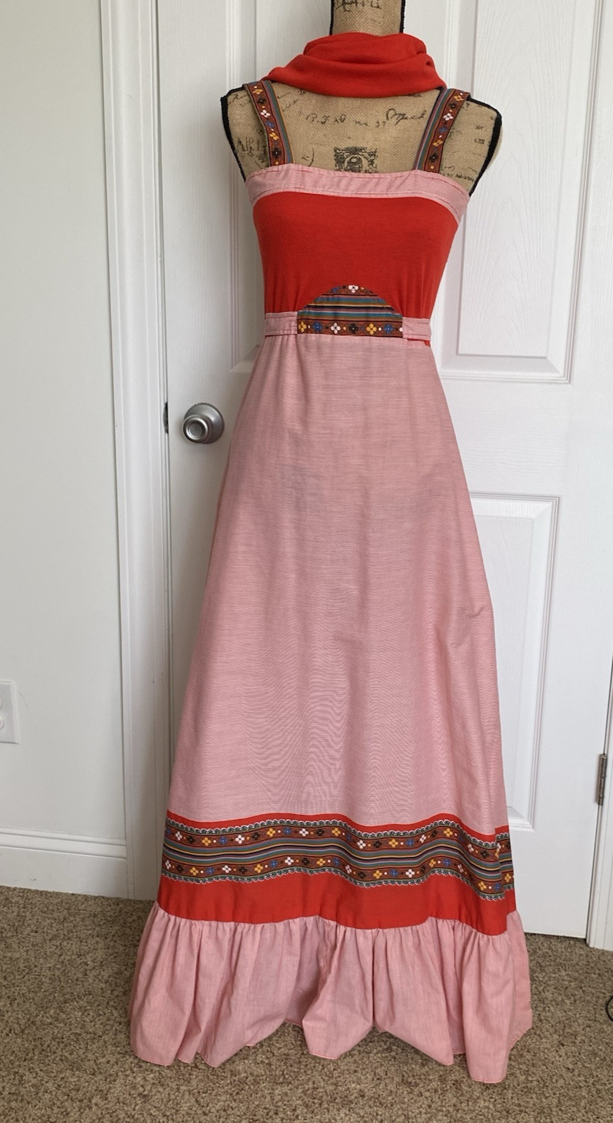 Vtg Dress Trivia Charm of Hollywood XS/S TALL Cottagecore Prarie Boho Red Scarf