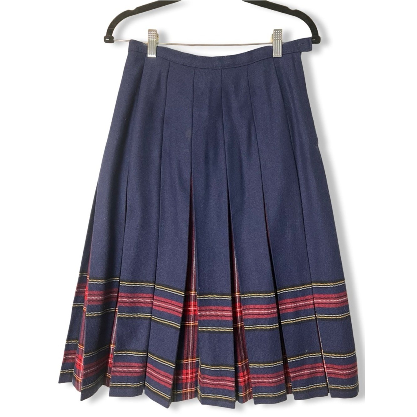 Vtg Tan-Jay Navy Wool Blend Pleated Midi Skirt Tartan Plaid Hem Border Sz 10