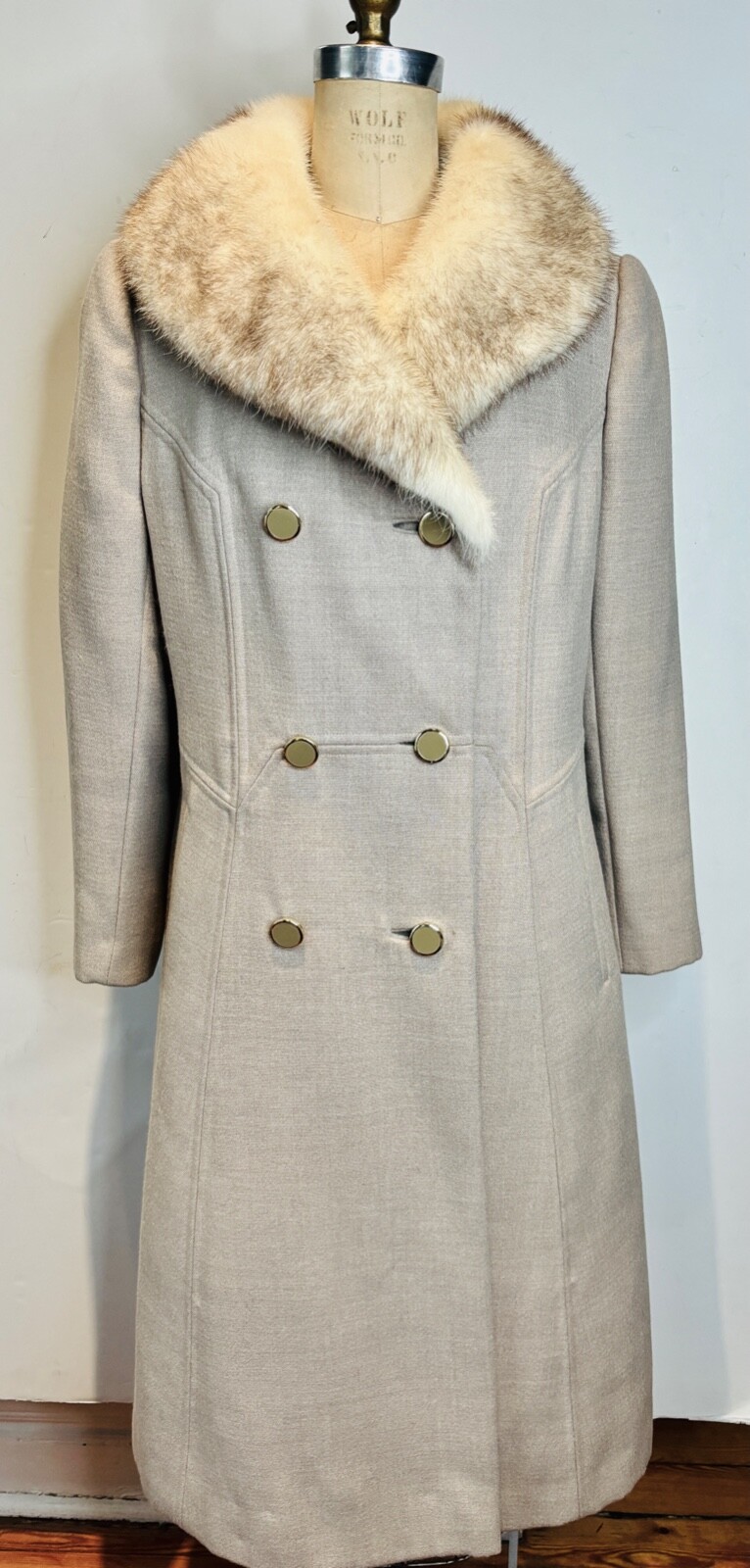 EUC!!VTG 60’S HARRIS FURS MOD GRAY WOOL&BEIGE MINK FUR COLLAR DOUBLE LONG COAT*S