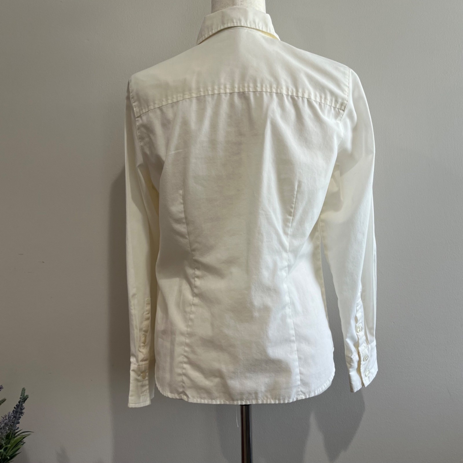 Button Up Vintage 80s Cream Blouse Womens M Tuxedo Front