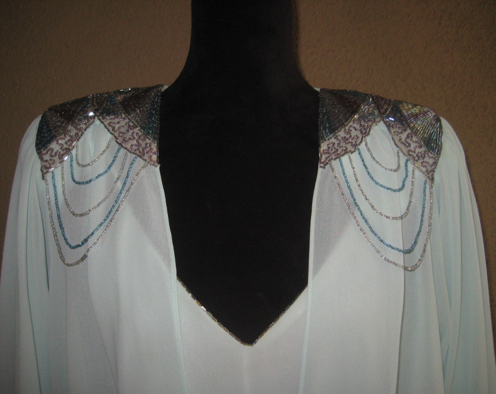 Vintage 1982 Casadei Eletra chiffon dropwaist bead padded shoulder party dress