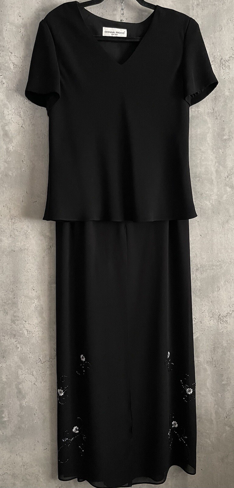 VTG Donna Ricco 2Pc Blk Evening Gown Blouse Chiffon Slit Overlay Skirt Dress S12