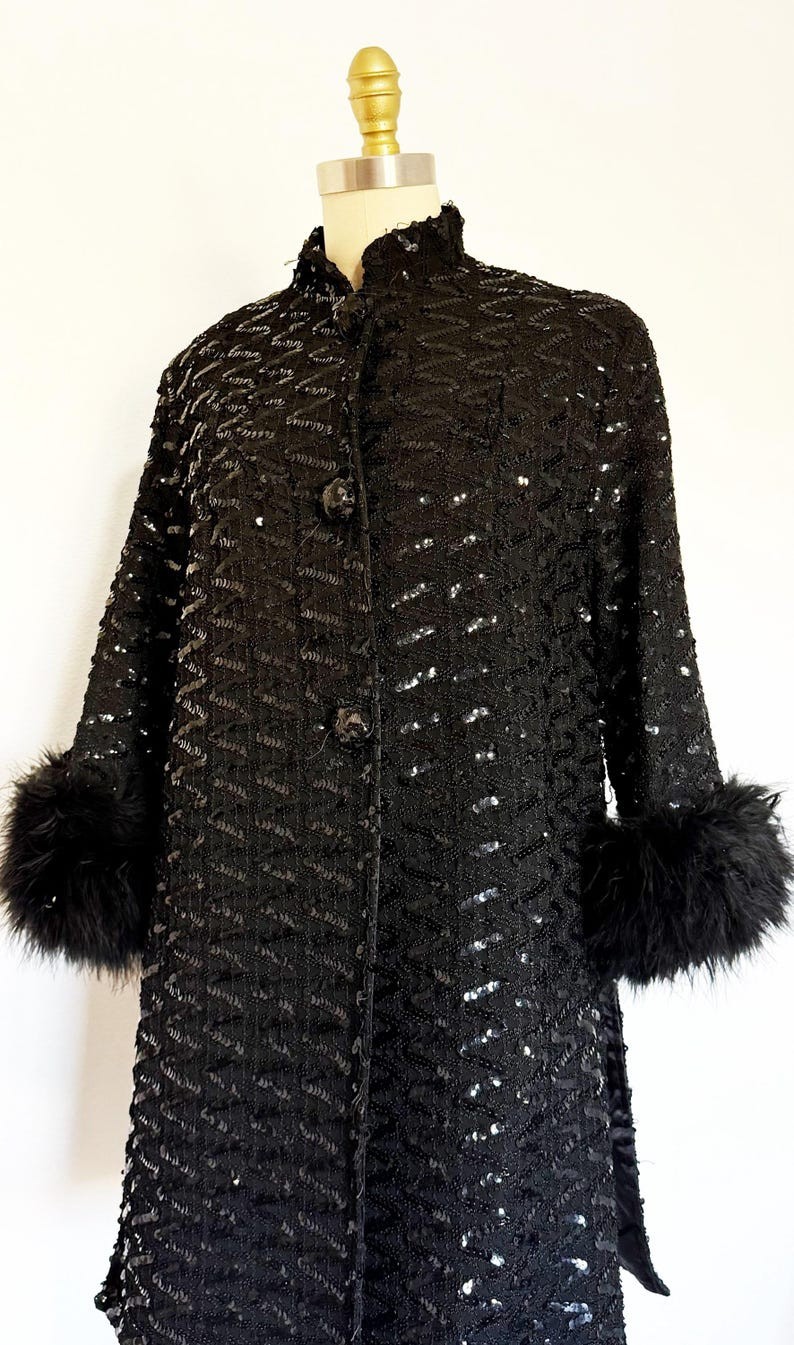 1960s Sequin Coat / Black Sequin Coat / Feather Trim Coat / Size Large