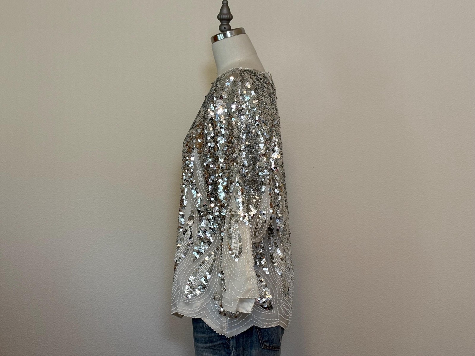 Vintage 80s Beaded Silk Top, White Silver Sequin Disco Tee, Sparkle Top