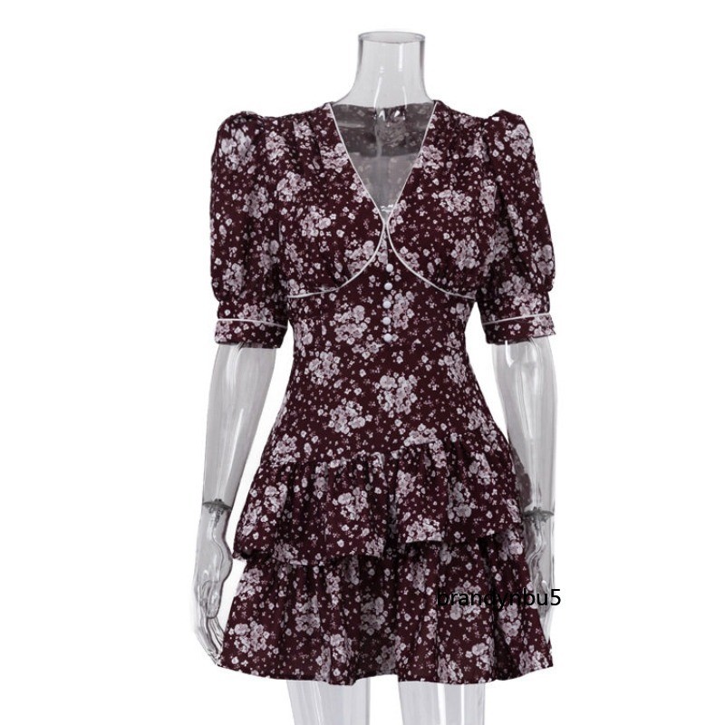 Summer Style Printing V-neck Floral Dress Short Sleeves High Waist Floral Dress