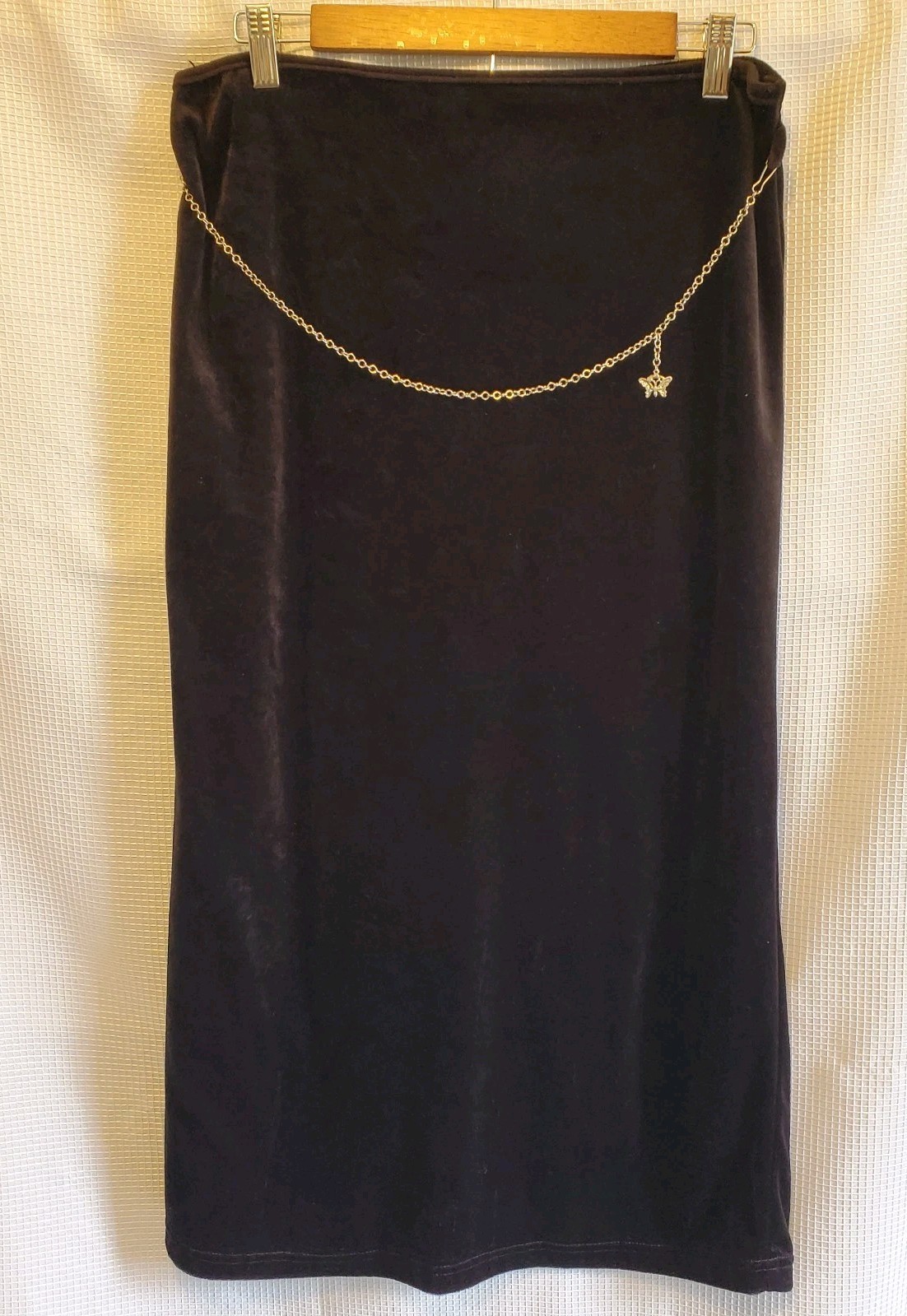 Vintage Amy Byer 90s Velour Black Maxi Pencil Skirt Butterfly Belly Chain Sz M/L