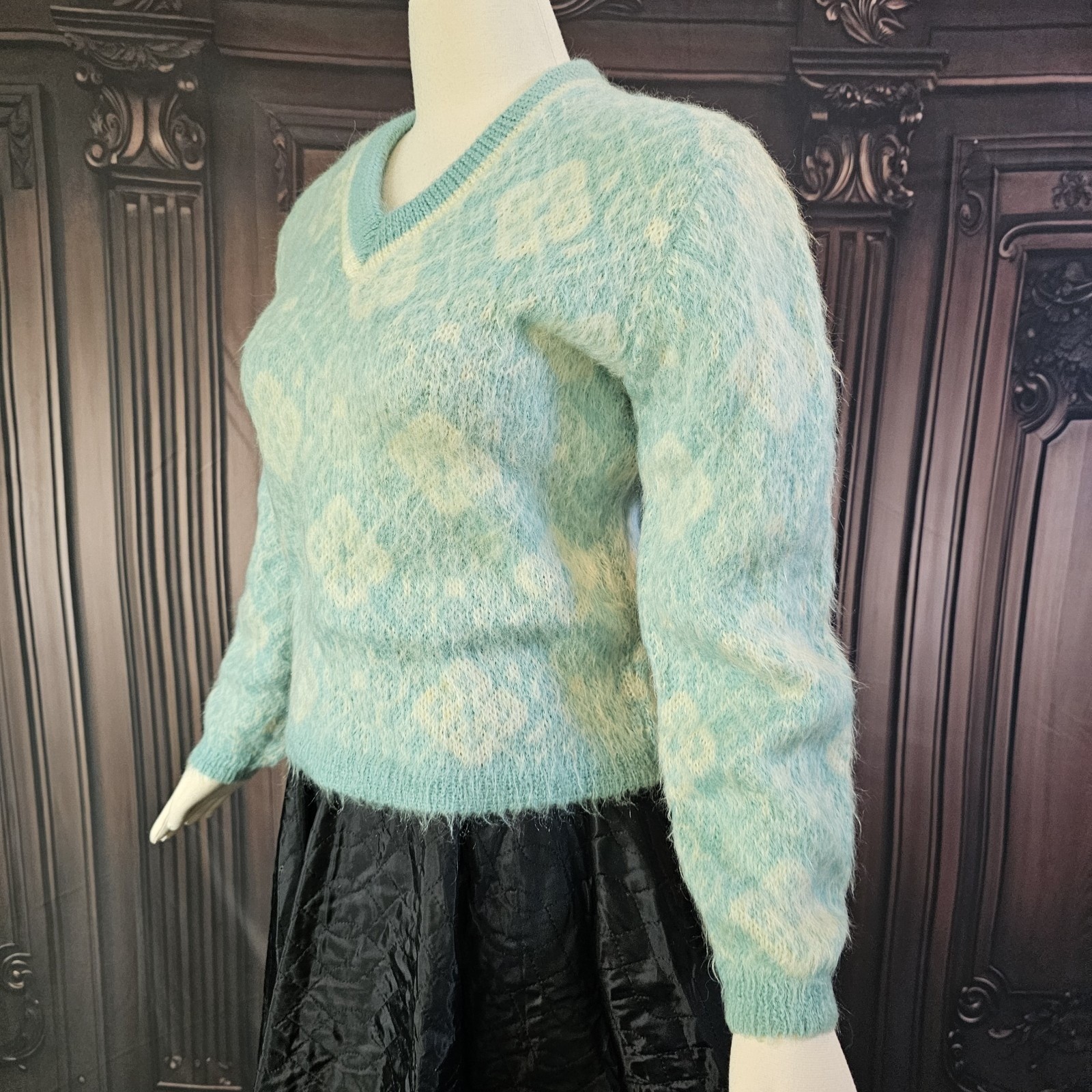 Vintage 1960s Icey Blue Mohair Sweater Wool Fuzzy V neck Rare Collectors Sabra