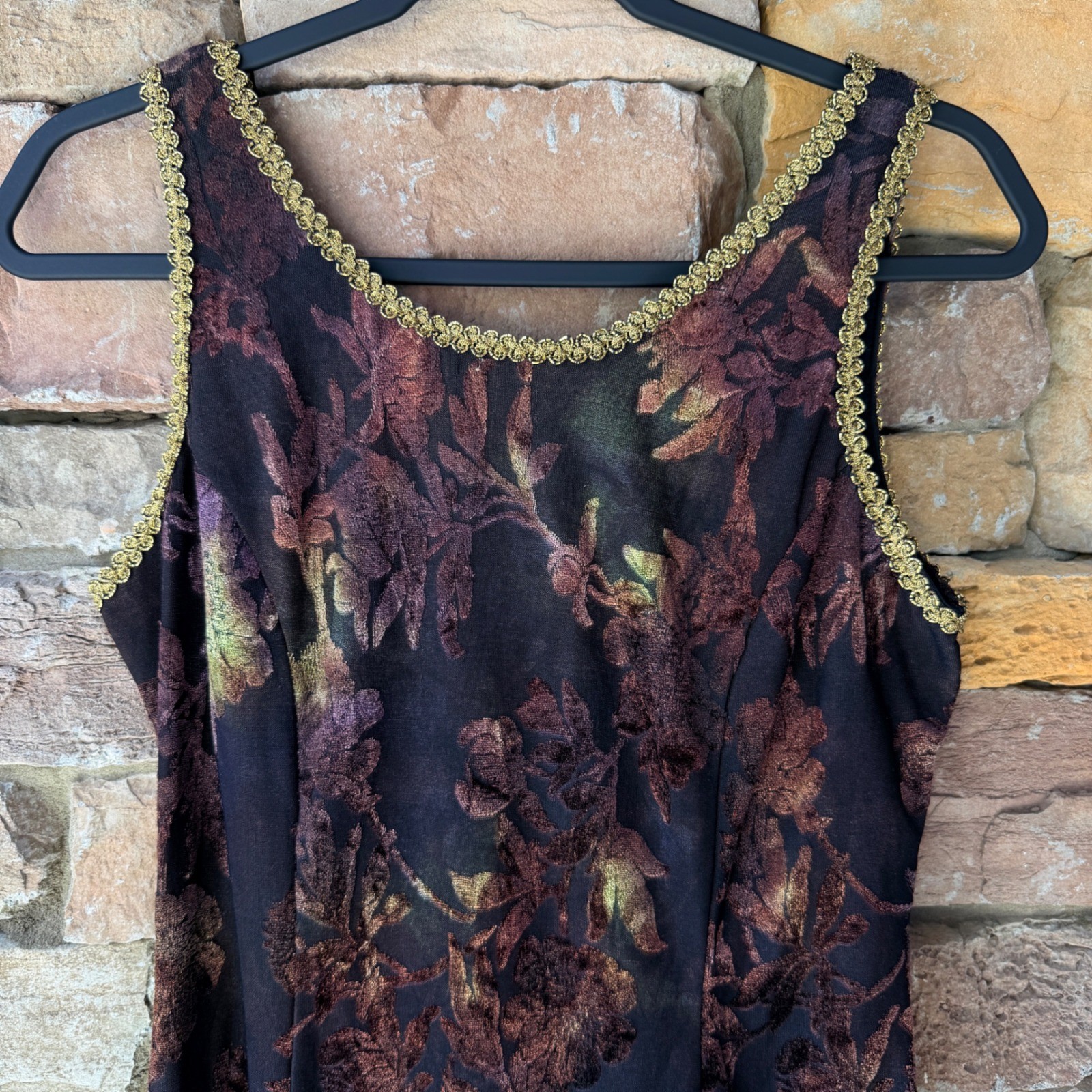VTG Joseph Ribkoff Women 8 Whimsigoth Dark Floral Burnout Cutout Trim Maxi Dress