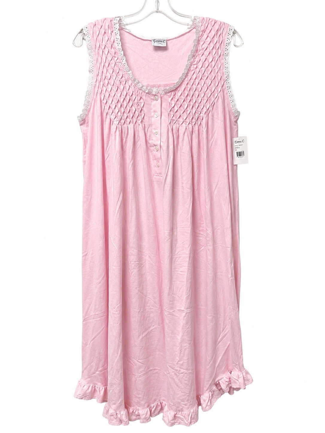 Vintage NWT Emma C Pink Sleeveless Nightgown Smocked Lace Trim Small NWT