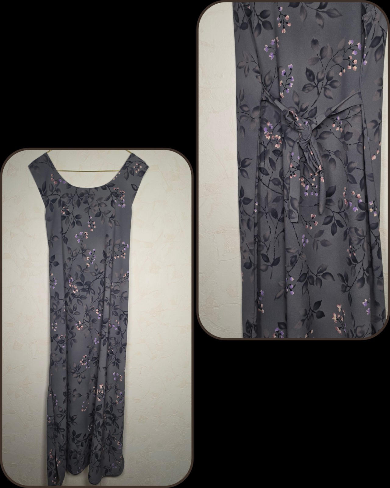 Vintage 90s Grey Floral Maxi Dress Sleeveless Cottagecore Boho Grunge Size Large