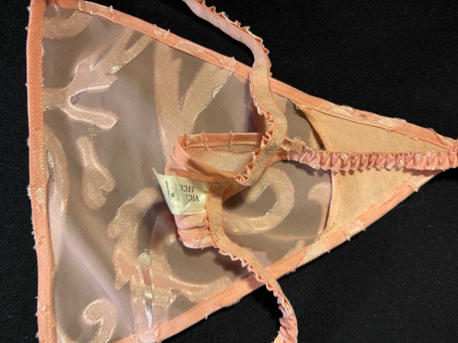 Vtg Satin Soft Burnout Nightie Thong Panties VS Babydoll Damask Sheer Gown Set S