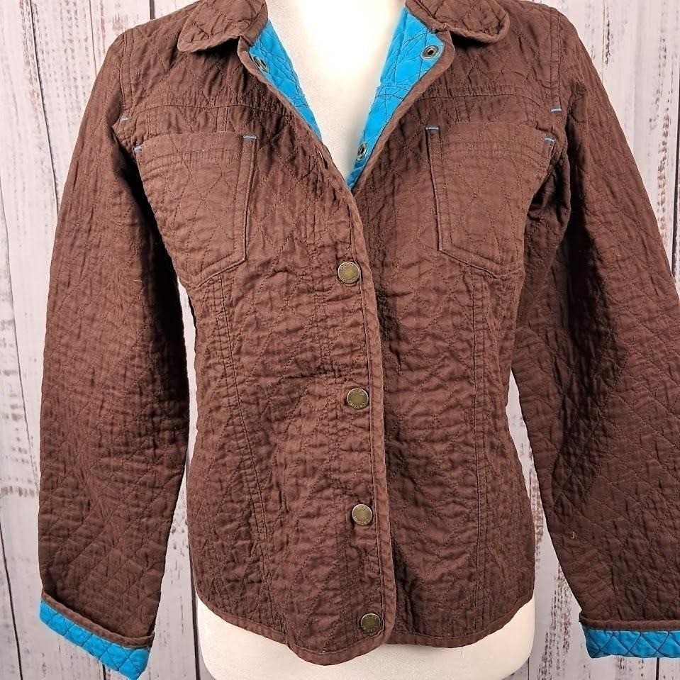 Vtg 90s OLEG CASSINI Weekend S Quilted Jacket Brown Turquoise Snap Front Cropped