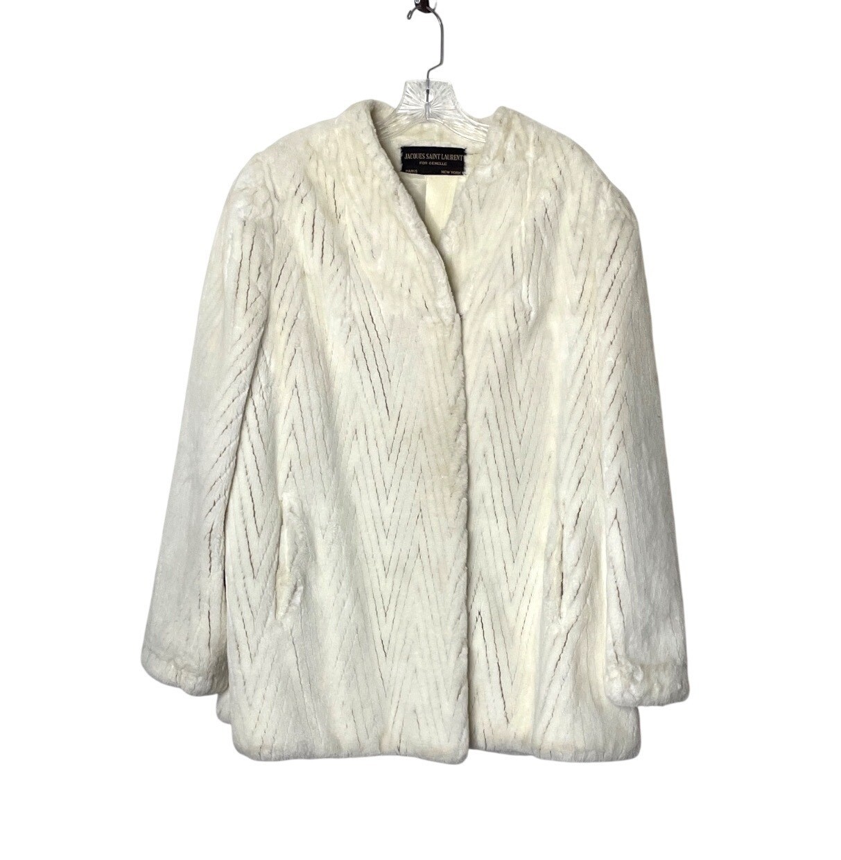 Vtg 70’s Jacques Saint Laurent Off White Faux Fur Chevron Coat with Pockets XL