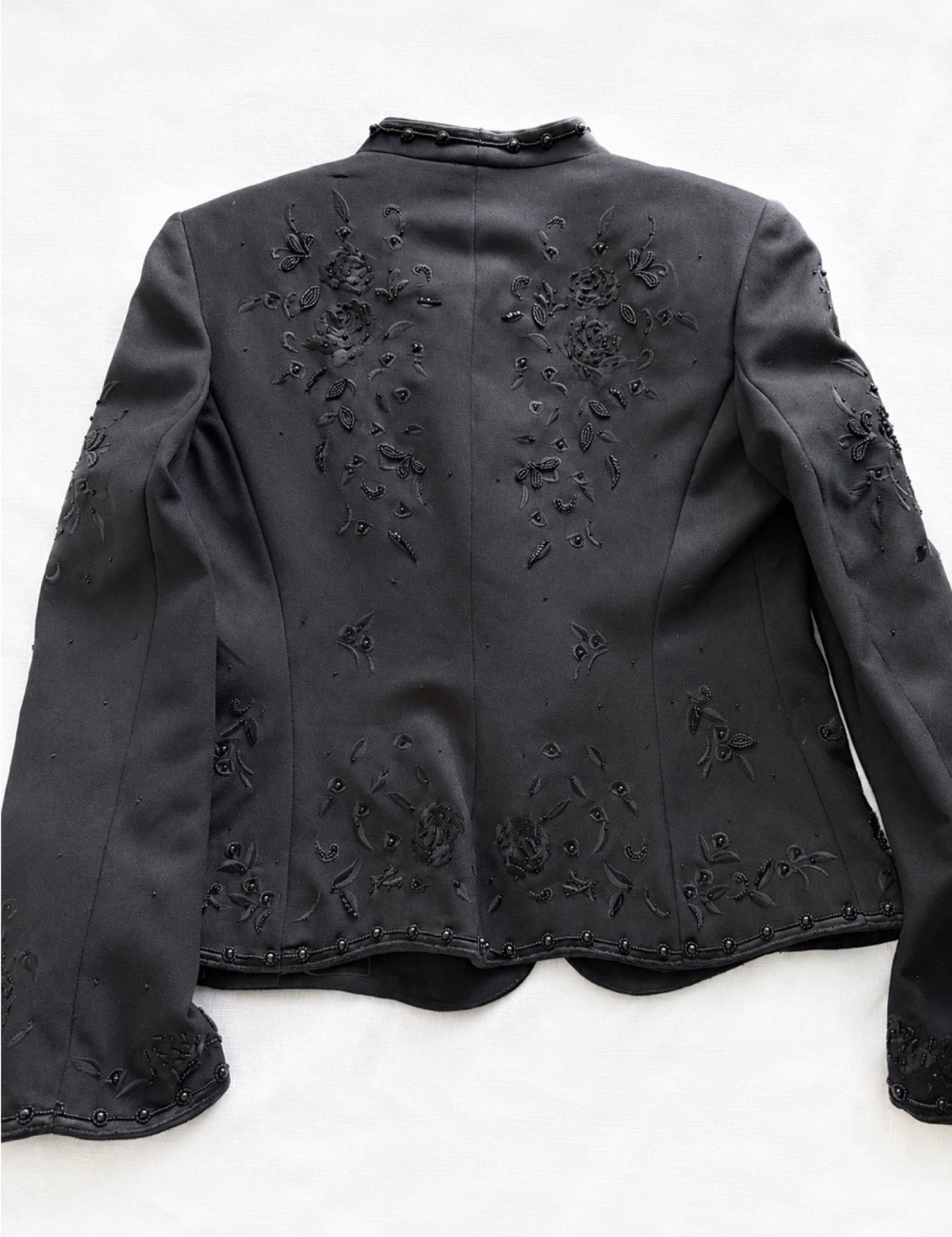 John Meyer of Norwich Black Beaded Embroidered Open Front Jacket Blazer Vintage