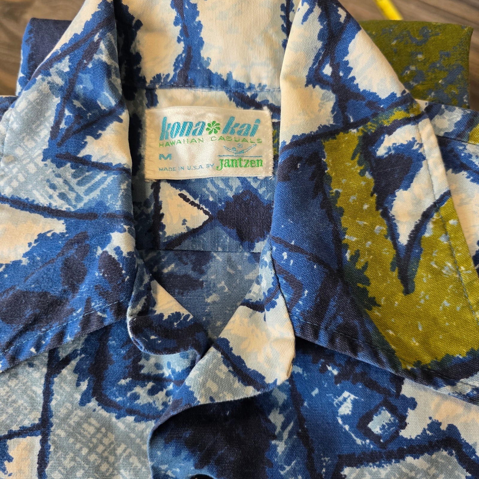 Vintage Kona Kai Jantzen Hawaiian Shirt Blue Geometric Abstract MCM 1960s 70s M