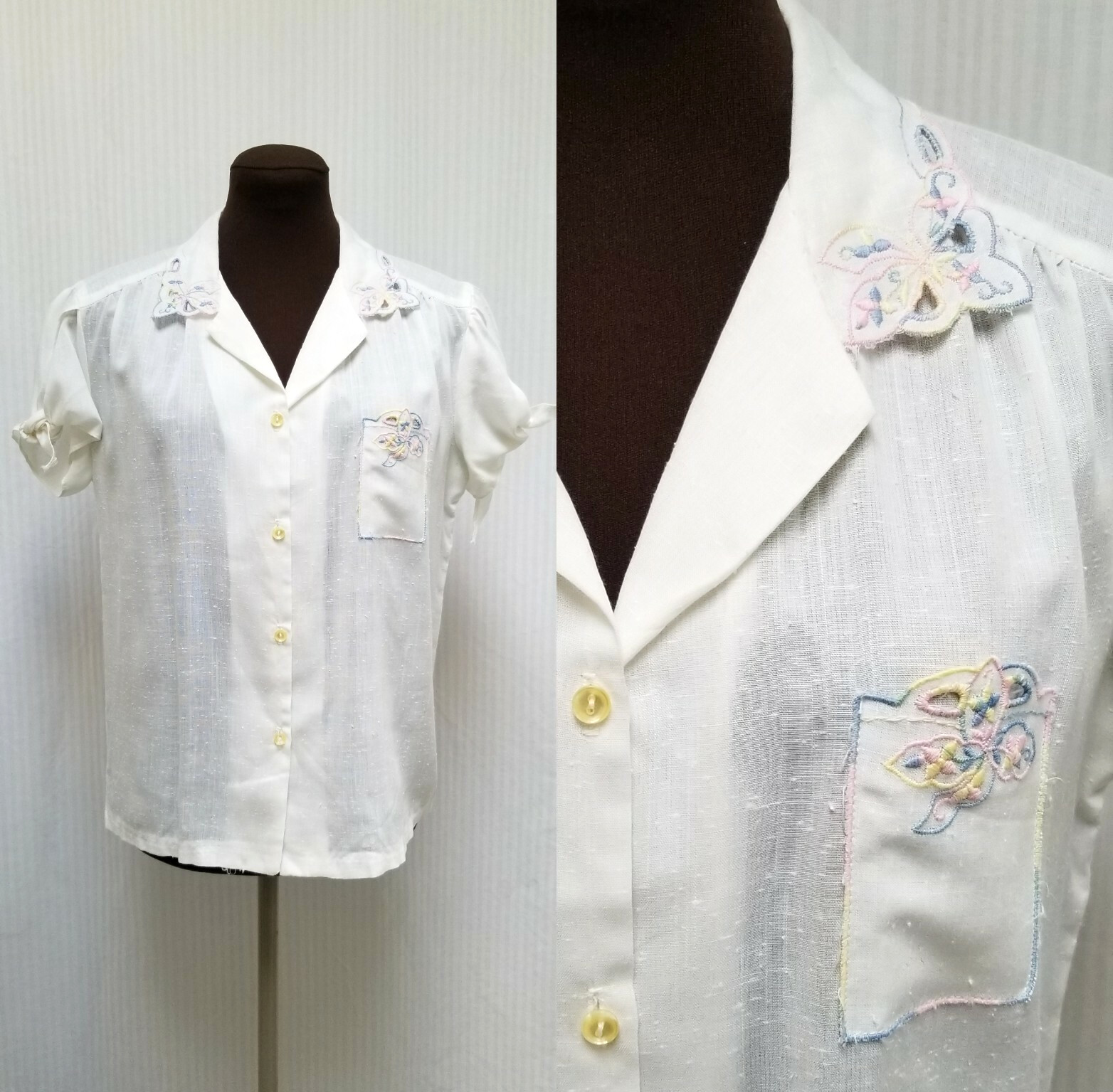 Vintage 1970’s Surf and Turf California White Top w/ Cutwork Embroidery – Size M
