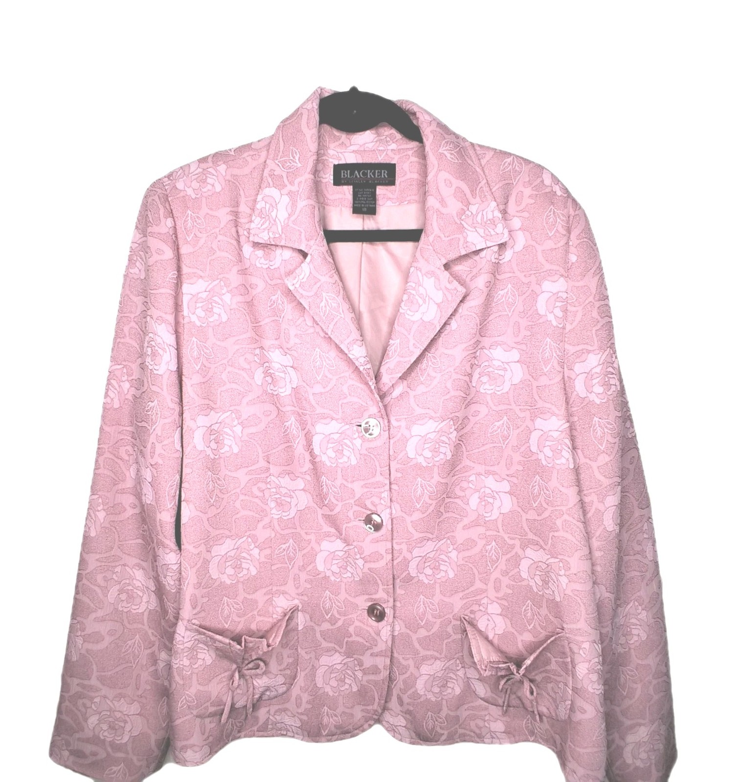Stanley Blacker Pink Rose Sz 18 Jacquard Floral Spring Coquette Bow Blazer Vtg