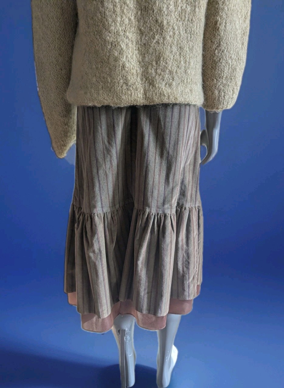 Vintage 1970s The Strawberry Plant Striped Velvet Midi Skirt w/Ruffled Hem XS