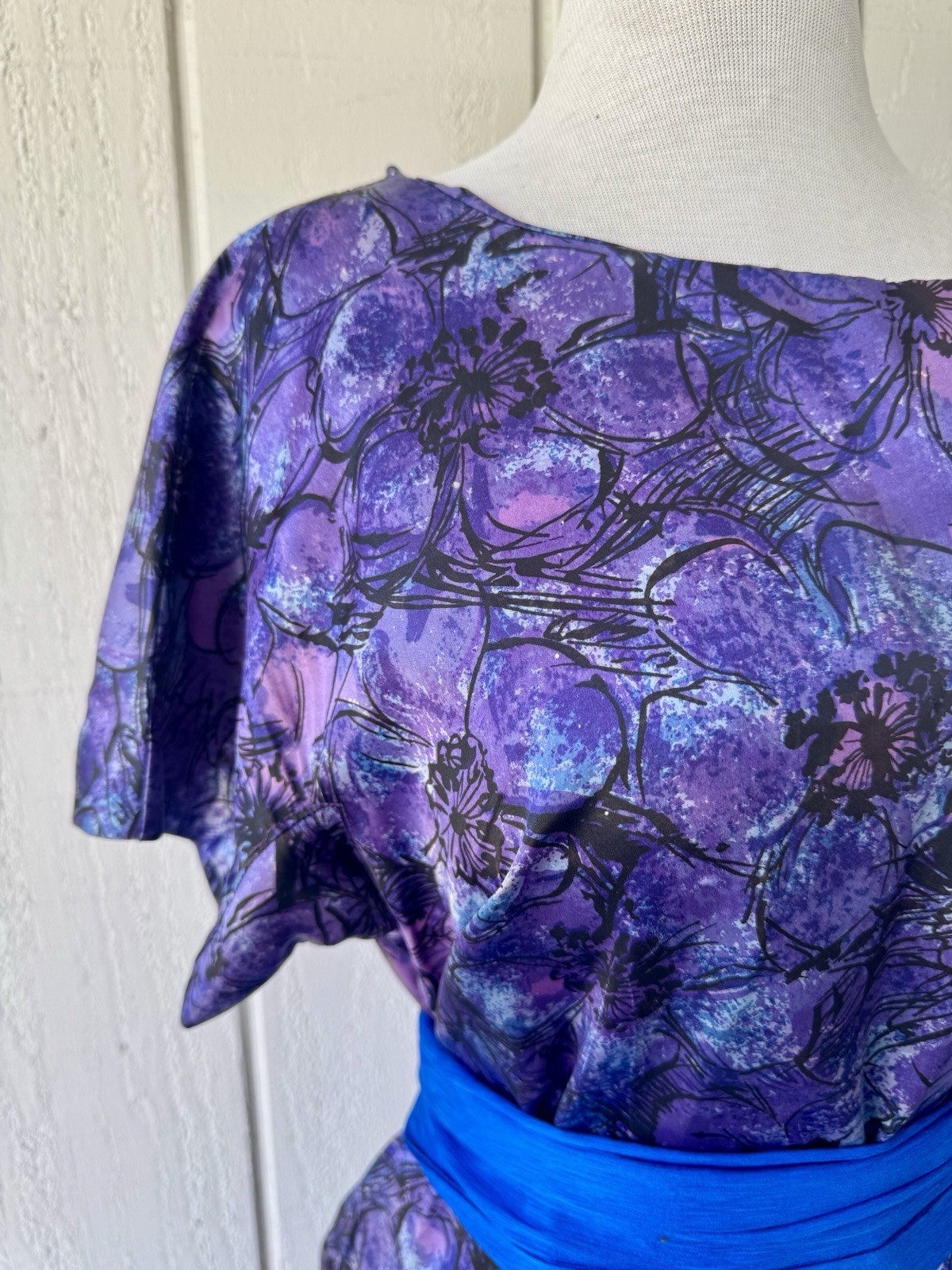 Vtg 60s Purple Blue Floral Dress XL Midi Handmade 50s Retro Rockabilly