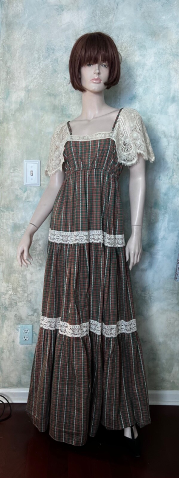 Vintage 70’s Green Plaid and Lace Prairie Maxi Dress Trivia by Charm S