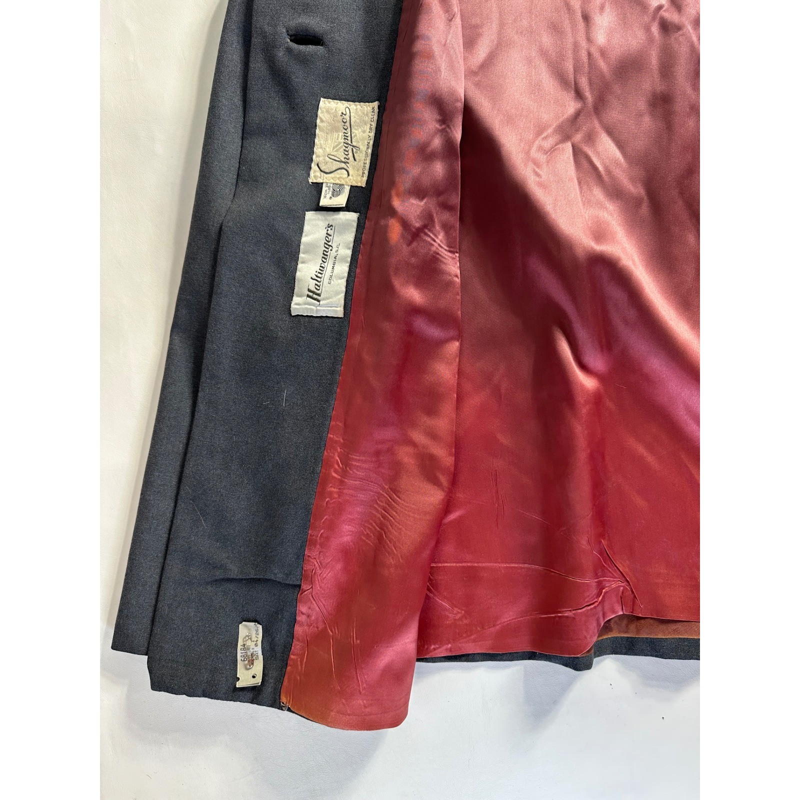 Vintage Shagmoor 60s Mod Charcoal Gray Wool Collarless Long Coat Pink Lining