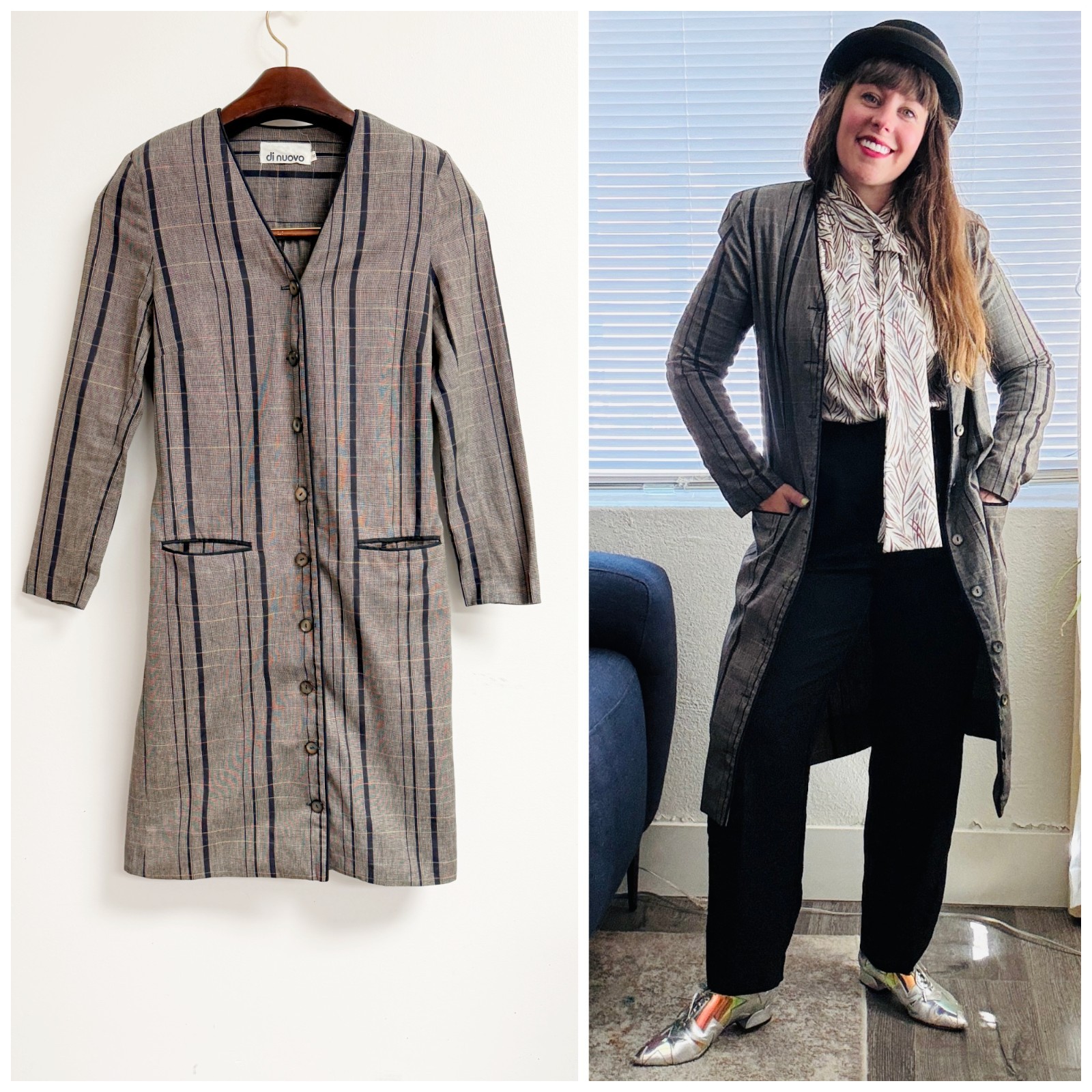 Vintage 80s Di Nuovo Gray Pinstripe Shirtdress Jacket S/M