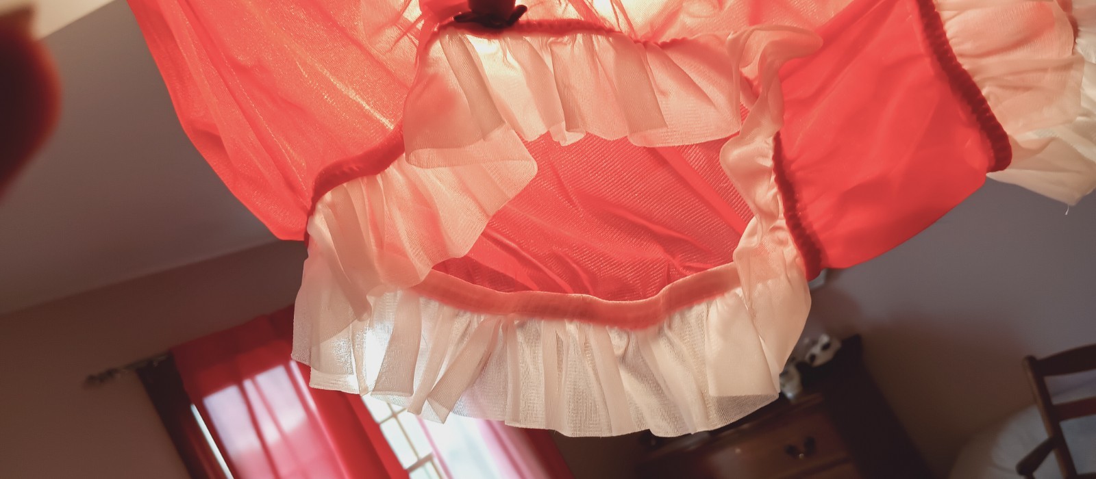 IRISH ROSE CUSTOM NYLON PANTY sz XL RED ANGEL SHEER w-WHITE RUFFLE -ROSES #AU609