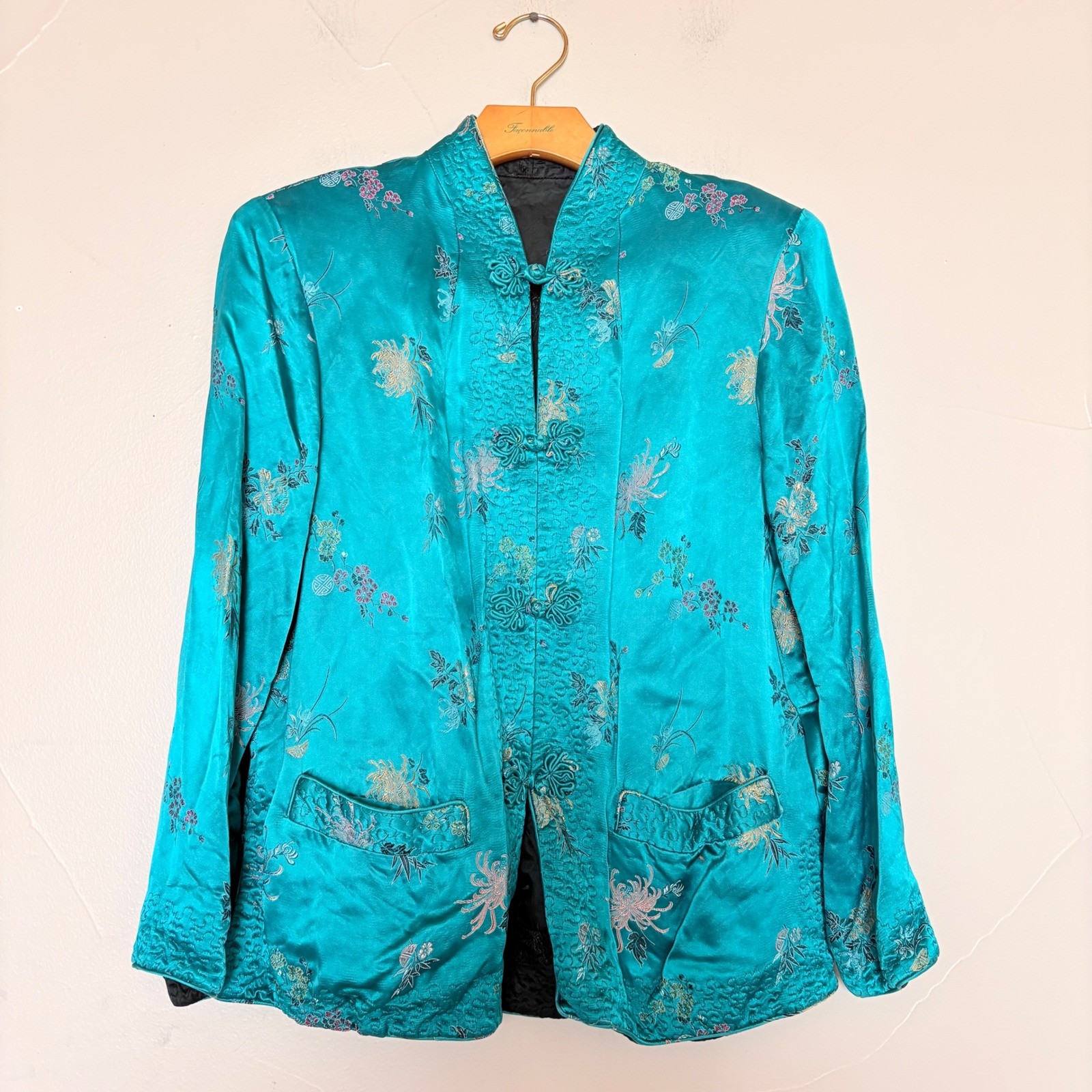 Vintage Reversible Satin Chinese Jacket Teal Black Embroidered Frog Buttons