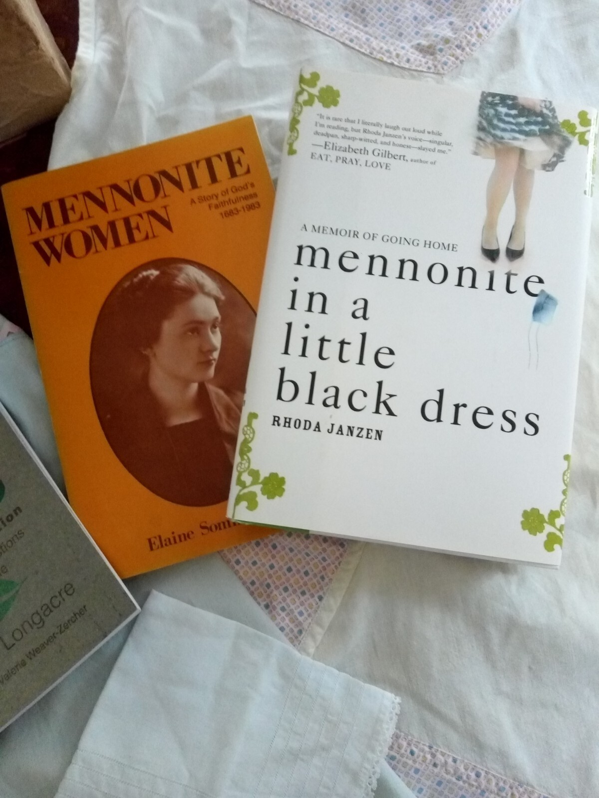 Vintage Mennonite Women’s Lot Bonnet, 2 Smock Aprons, Handkerchief, and 4 Books