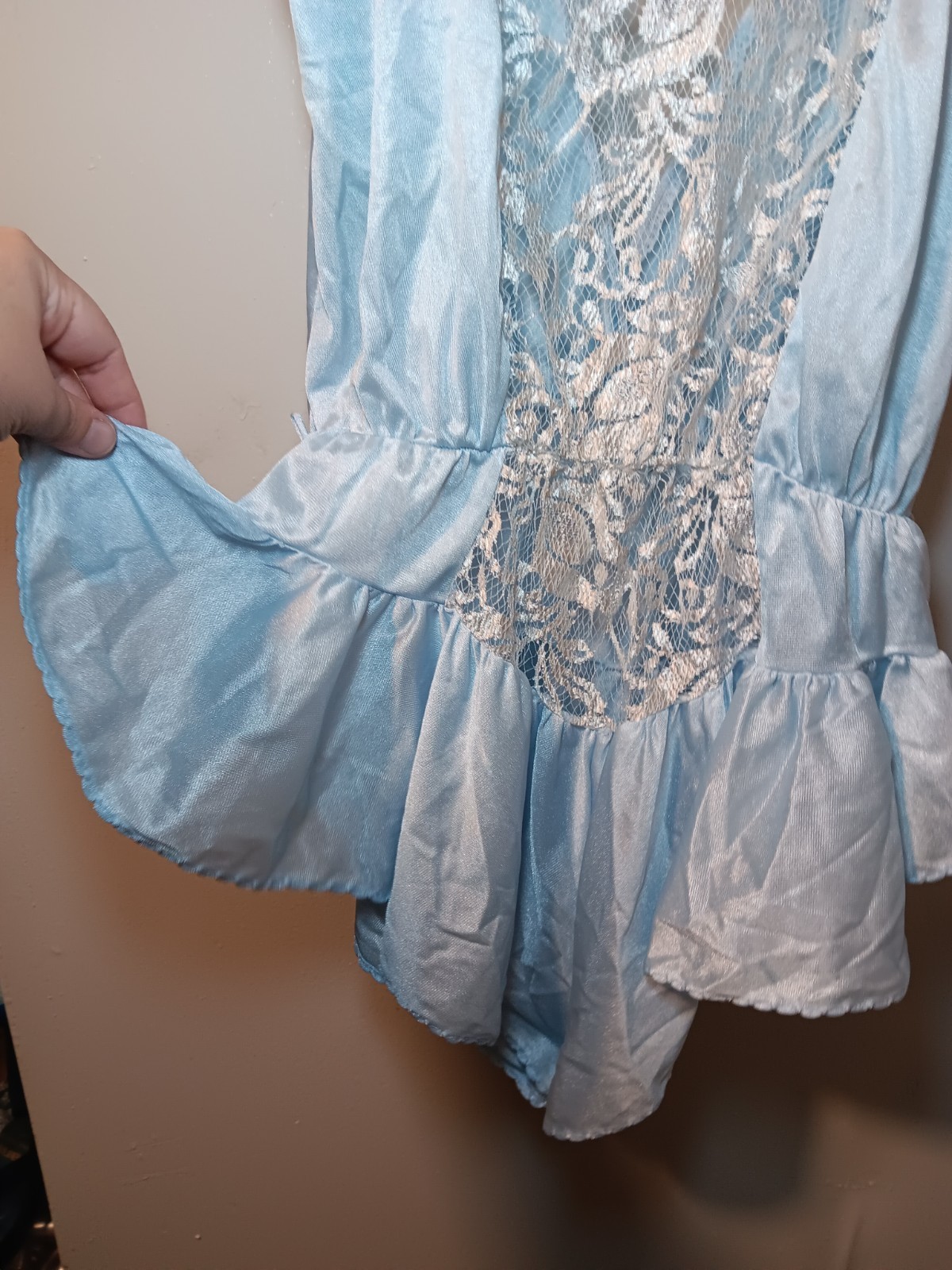Vintage Flair Nylon Teddy One Piece Playsuit Romper Lace Ruffle Union Made Sz M