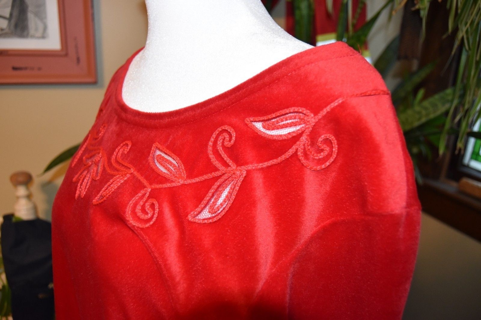 Vintage 90s Studio Ease Red Velvet Long Sleeve Empire Waist Dress Size Large