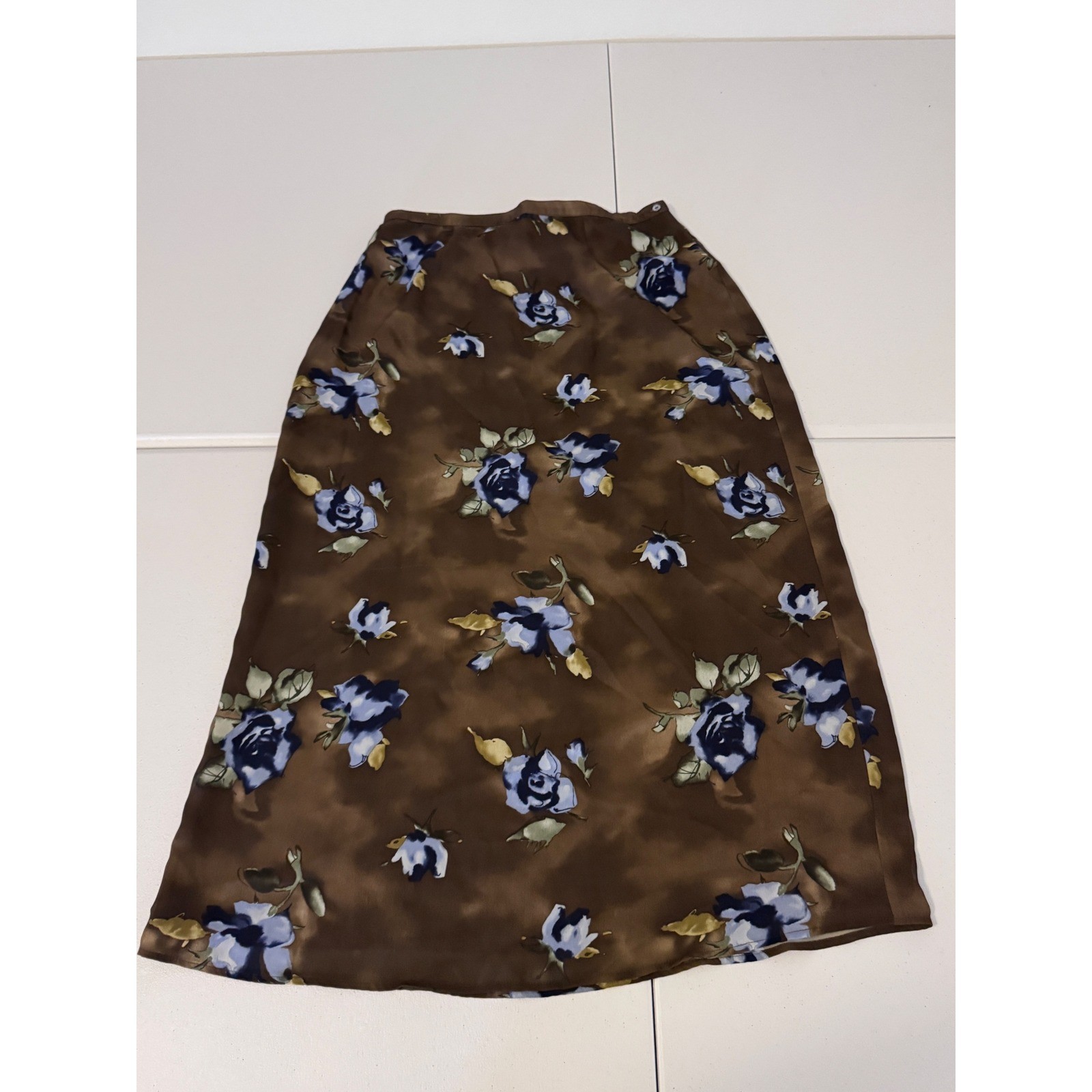 Kathy Ireland Vintage Maxi Skirt Brown Blue Floral Rose Print Size 16 k3