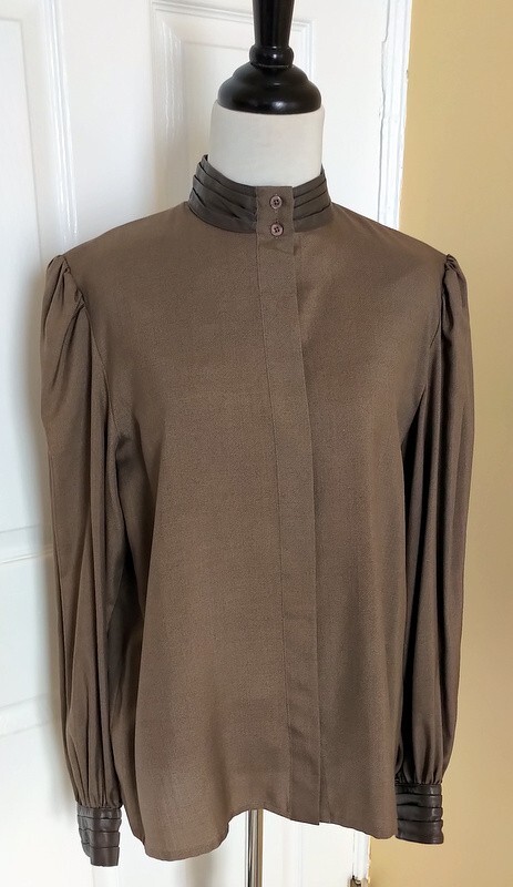 Vintage Francesca of Damon for Starington Brown Silk/Wool Blouse w/ Leather (12)