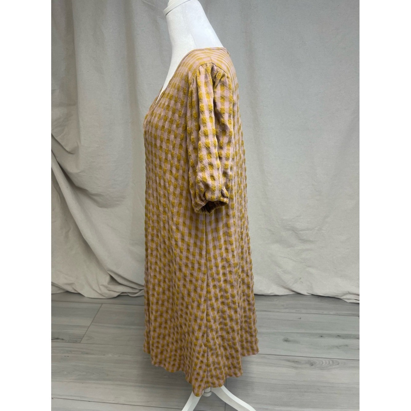 Reminiscence Gingham 3/4 Sleeve V-Neck Midi Dress Mustard Pink Sz XL Cottagecore