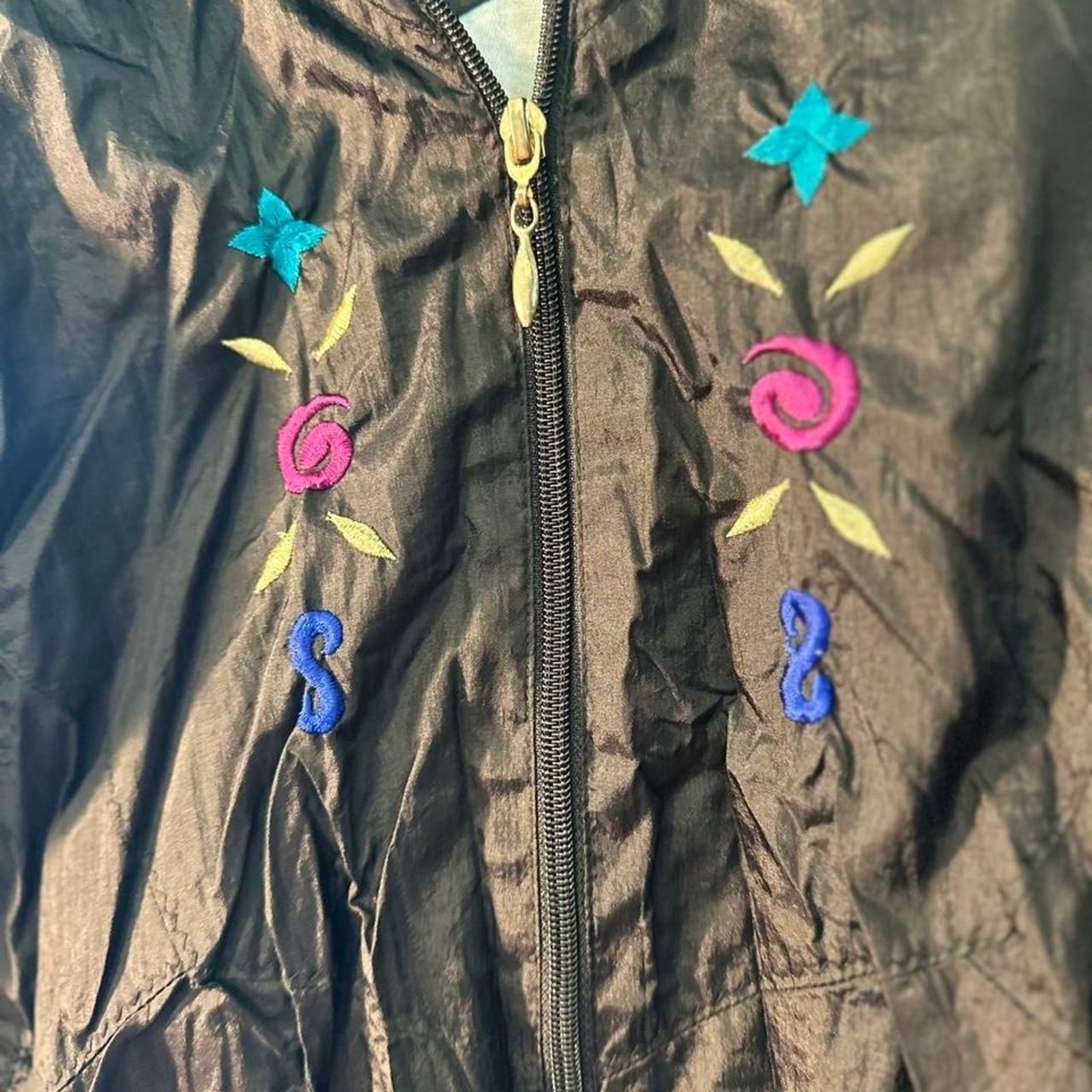 Vintage 90s Bold Spirit Black Windbreaker Track Set Women’s Size M Floral Embroi