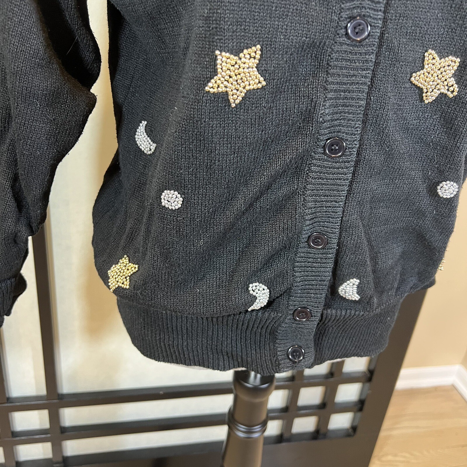 Vintage Eminent Black Sweater Cardigan Metallic Stars & Moons Womens Size M