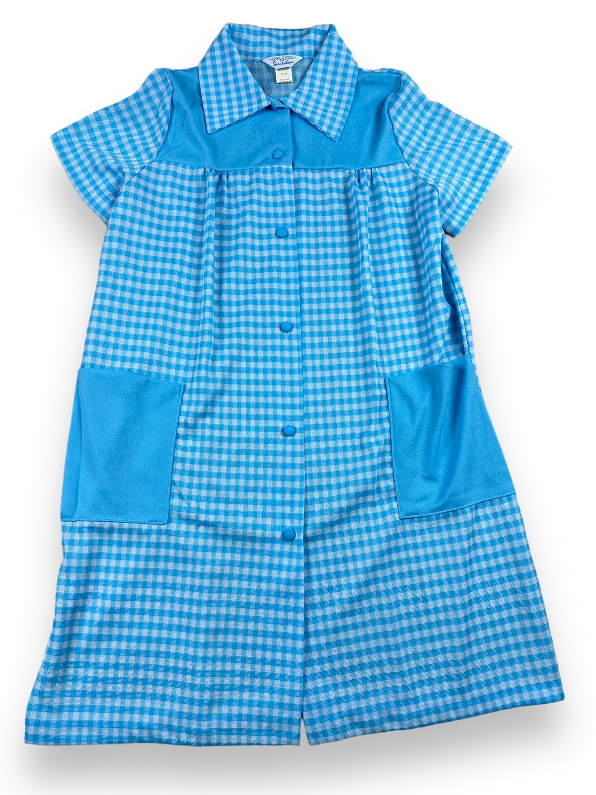 Vtg 1970’s Sears Fashions Blue Gingham Checkered Button Down House Coat Sz M
