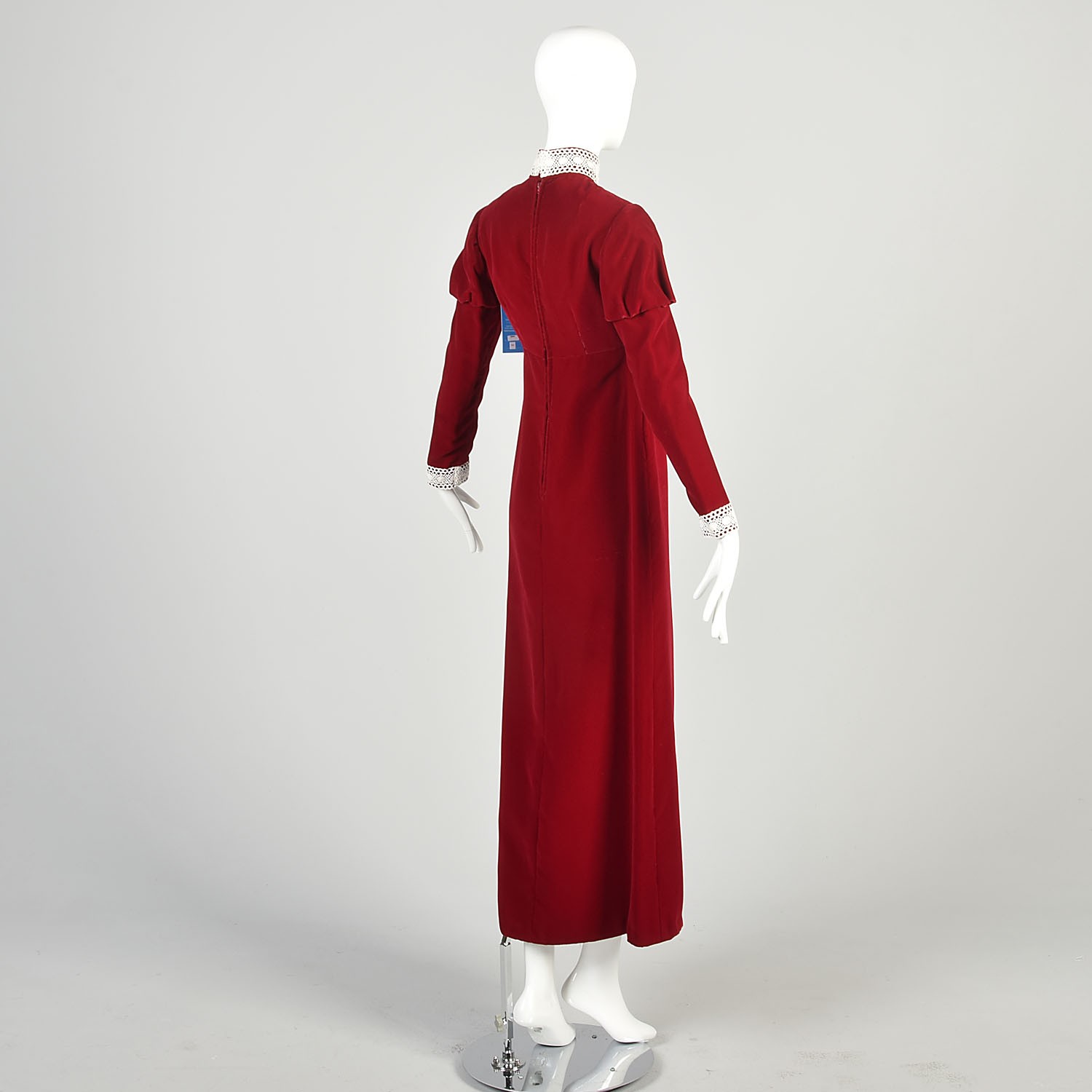 XS 1970s Red Velvet Dress Long Juliet Sleeve Empire Waist Lace Trim Formal Maxi