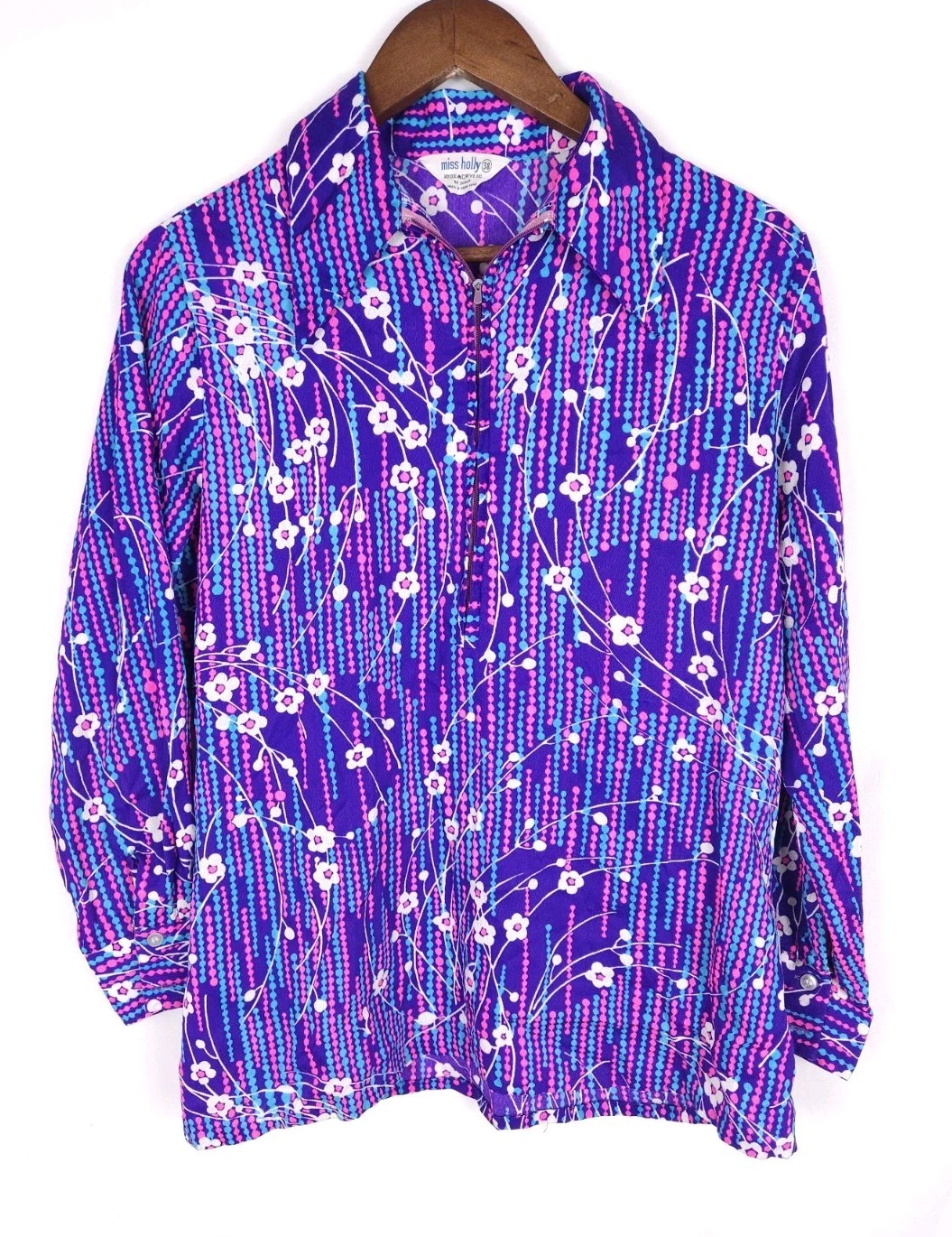 Vintage Miss Holly Size 38 Bright Pink Purple Blue Floral 1/2 Zip Pullover Shirt