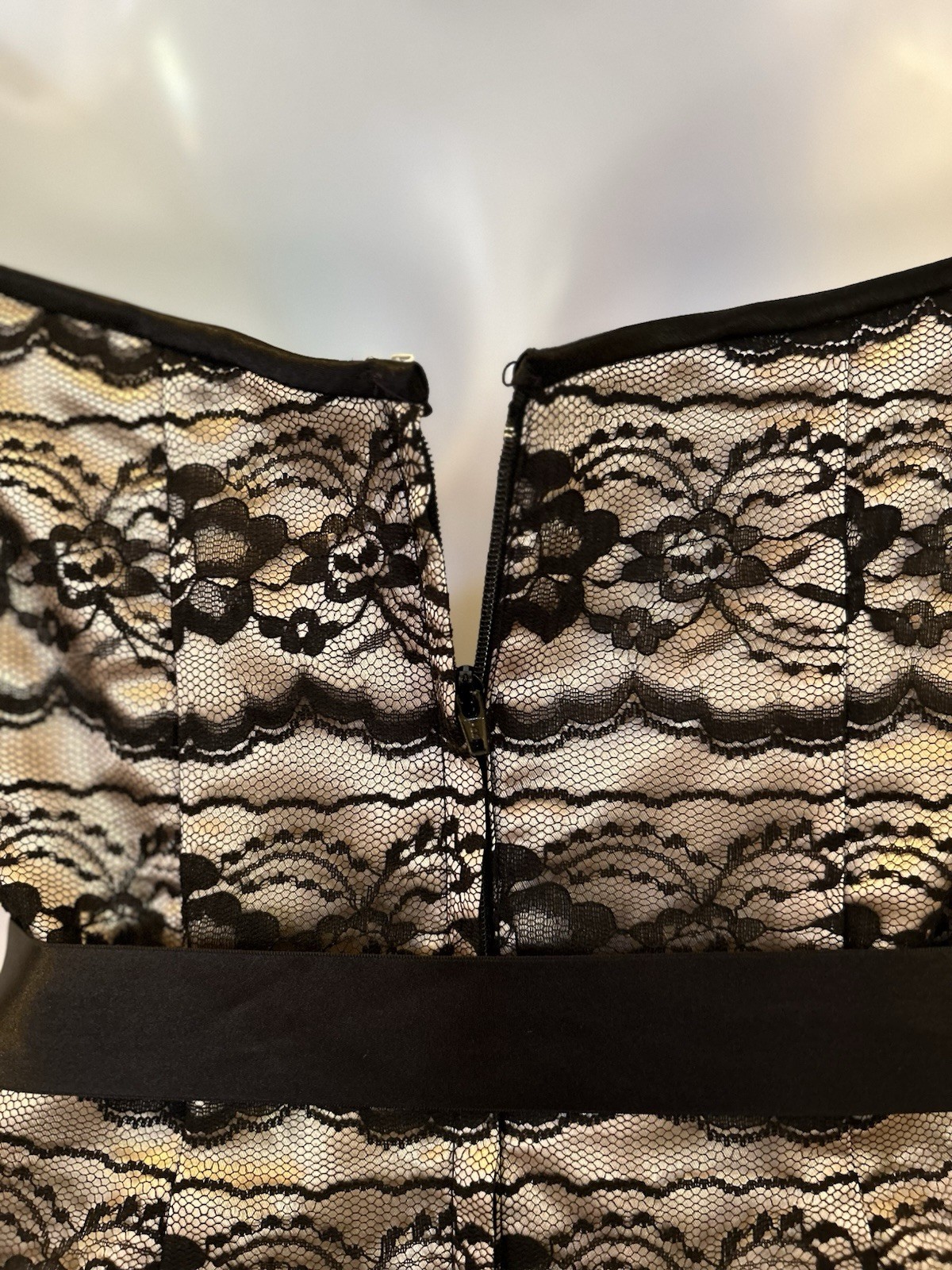 VTG 90s Gunne Sax Black Lace Champagne Satin Strapless Formal Prom Mini Dress 4