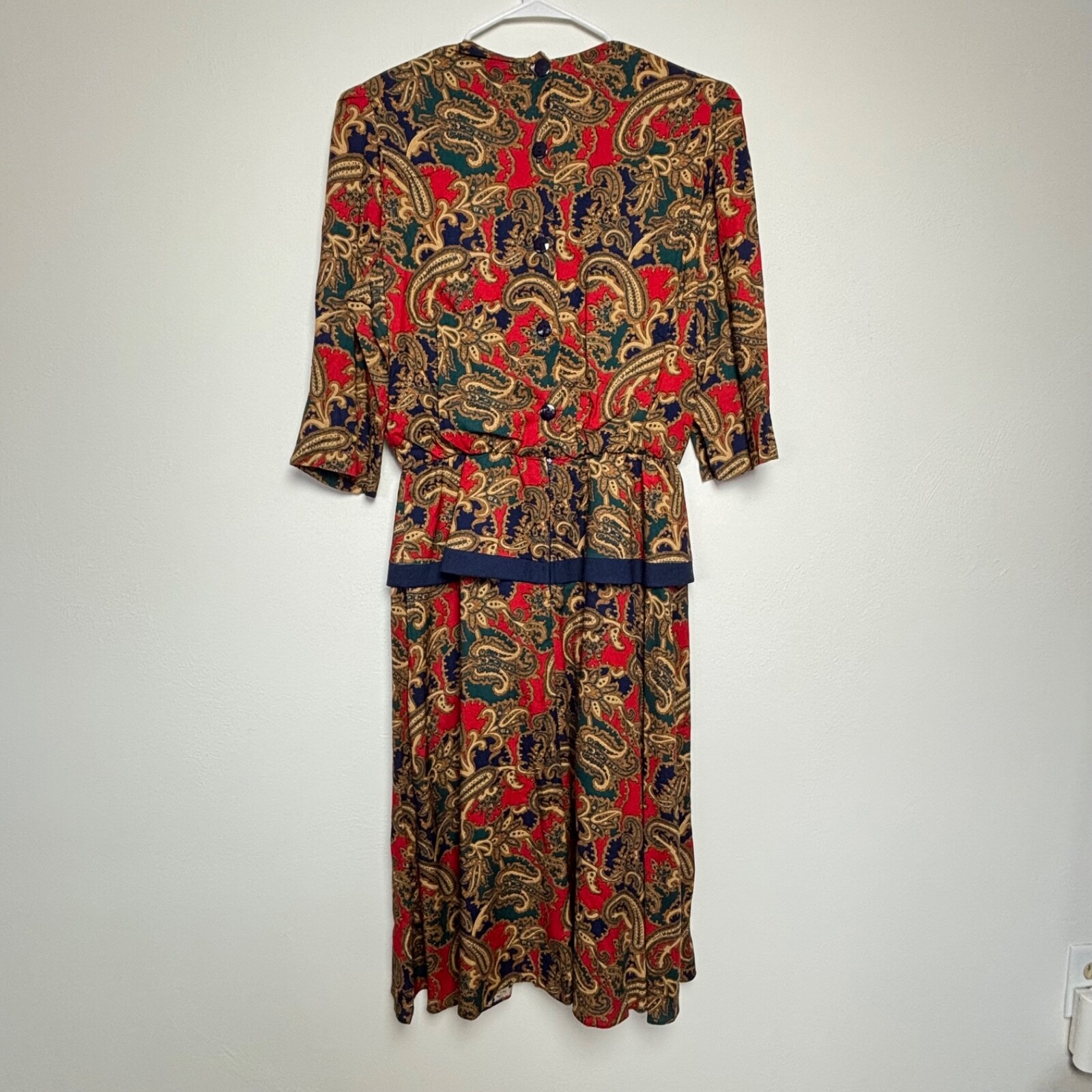 Vintage Lisa Petites Peplum Dress SZ 16 Red Paisley 3/4 Sleeve 80s Secretary