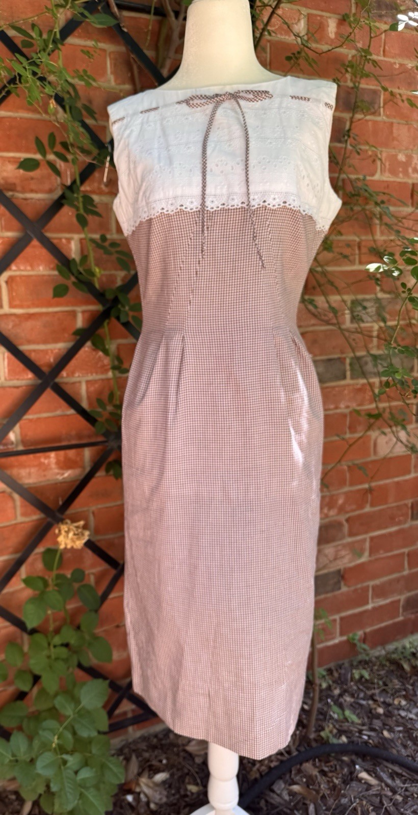 Darling Vintage 1950s Brown Gingham Wiggle Dress Size S