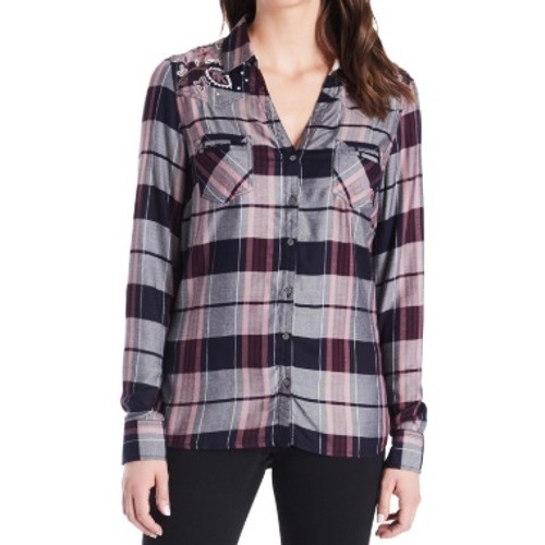 Vintage America Women’s Plaid Embroidered Soft Button Up Shirt XXL Navy