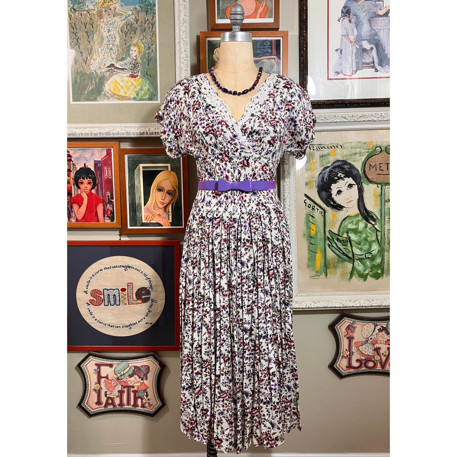 1980s D.B.Y. Limited Purple Floral Dress 1940s Style Rayon Midi Tea Length Small