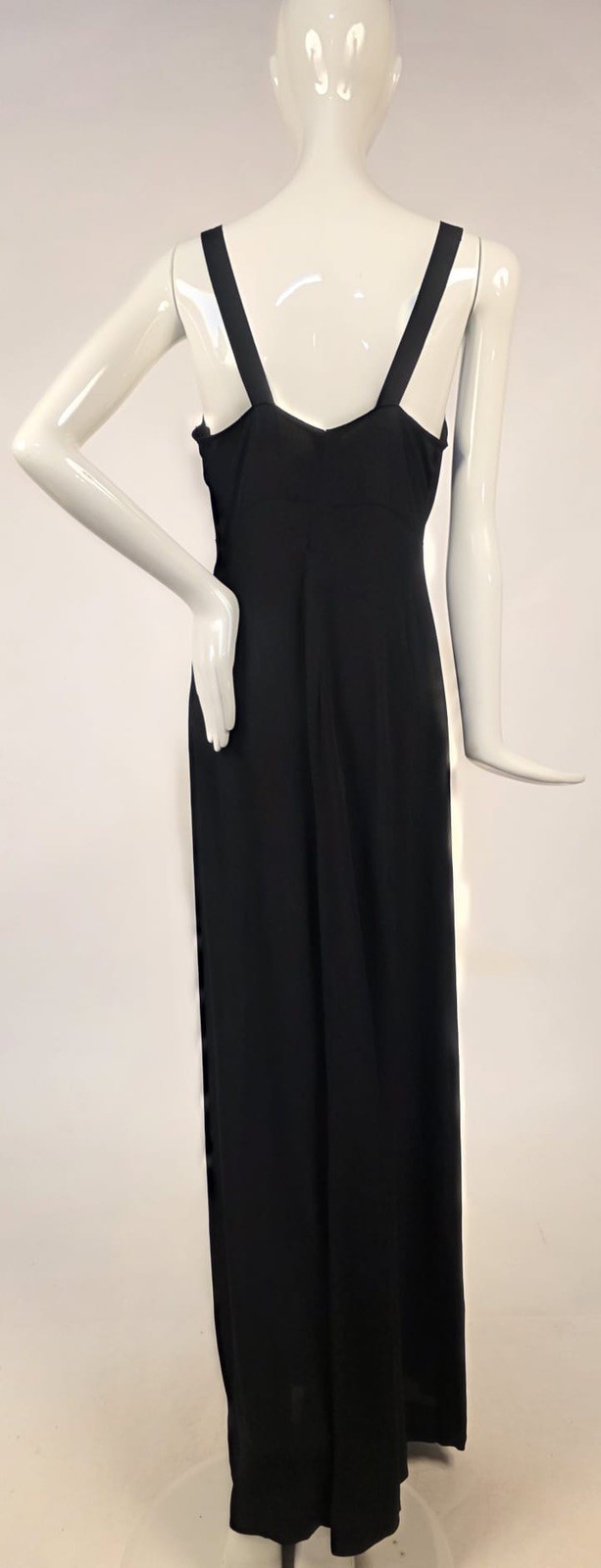 SEXY + SLEEK 1930’S LUX LONG BLACK CREPE DRESS W RUCHED TOP