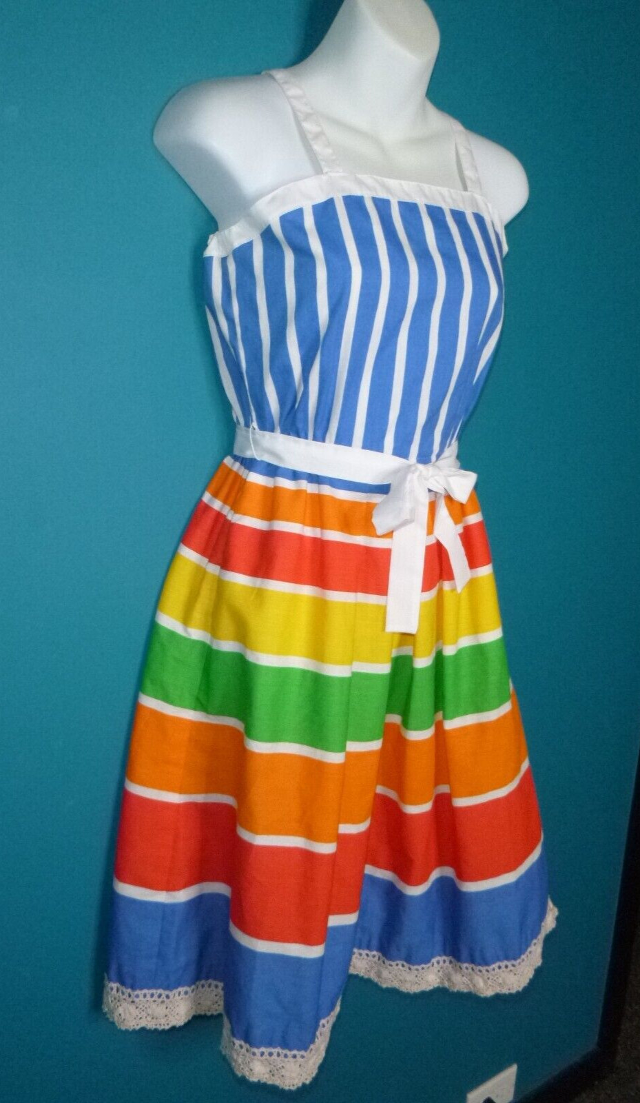 Vtg 70s Wadsworth Wellington Rainbow Stripe Cotton Blend Sundress Sz S