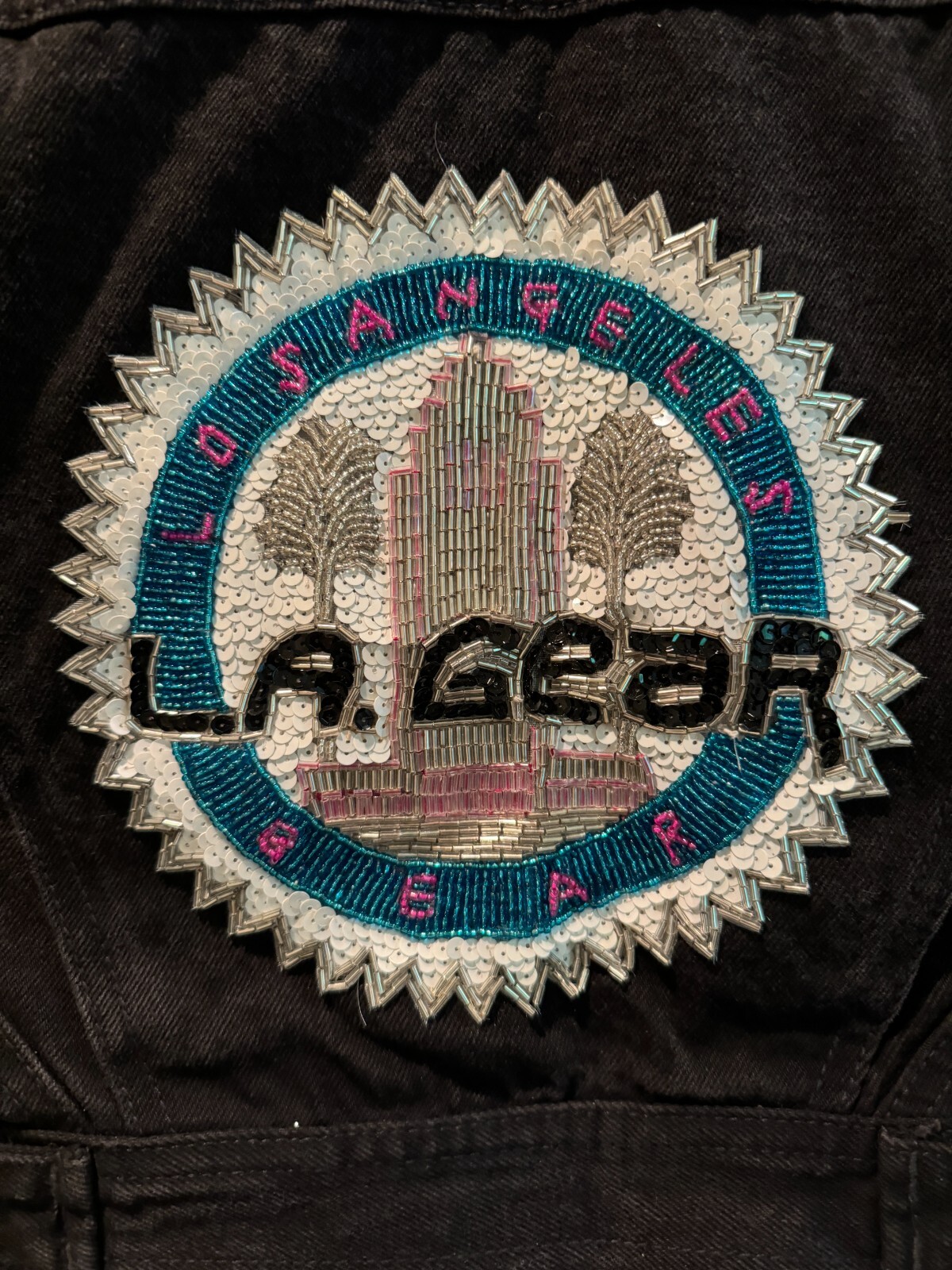 VIntage 1980’s LA Gear Denim Jacket with Beaded logo on the back, rhinestone …