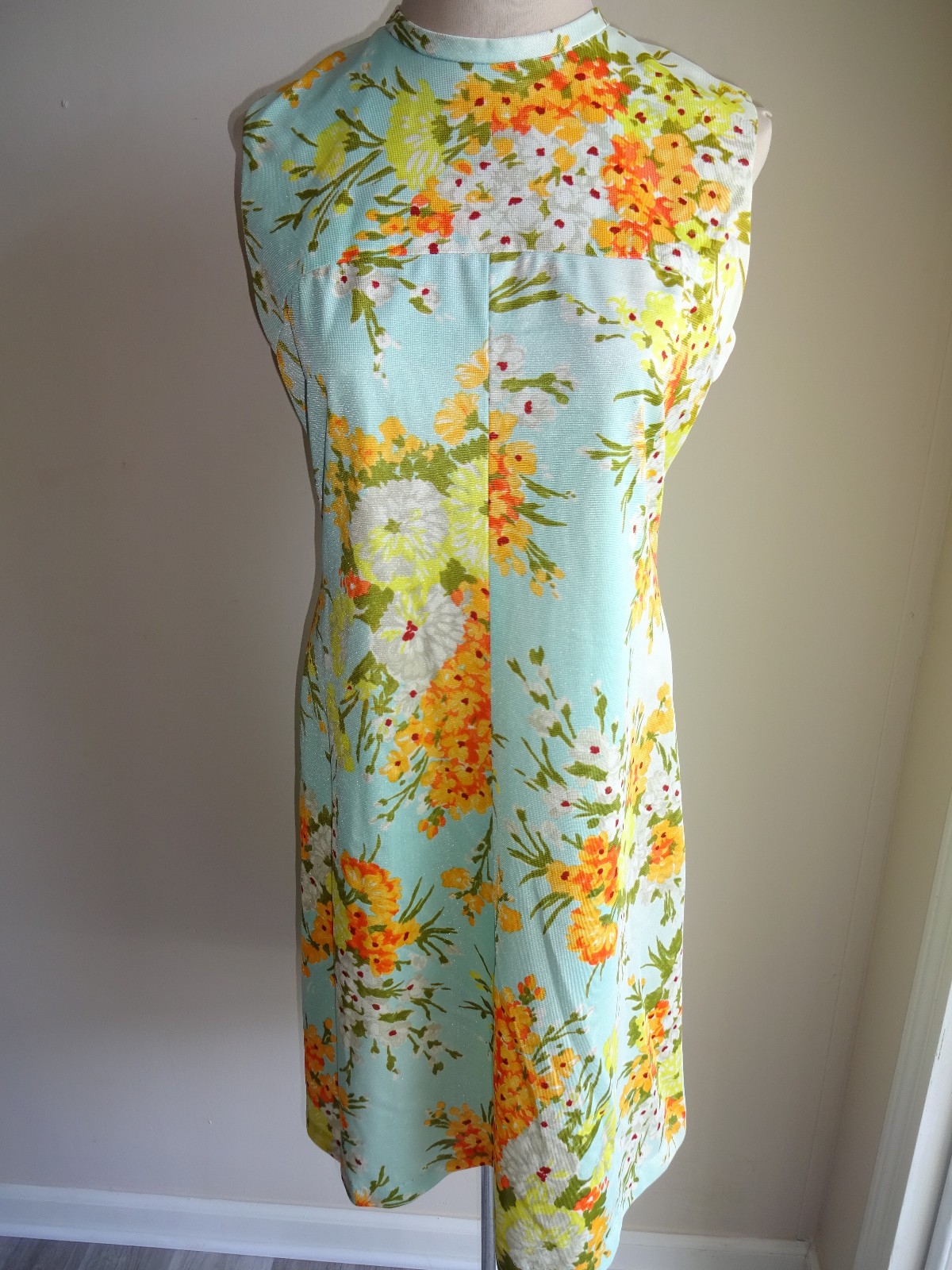 Vintage Blue 1970s Floral Sleeveless Shift Dress S M Orange Yellow White Flowers