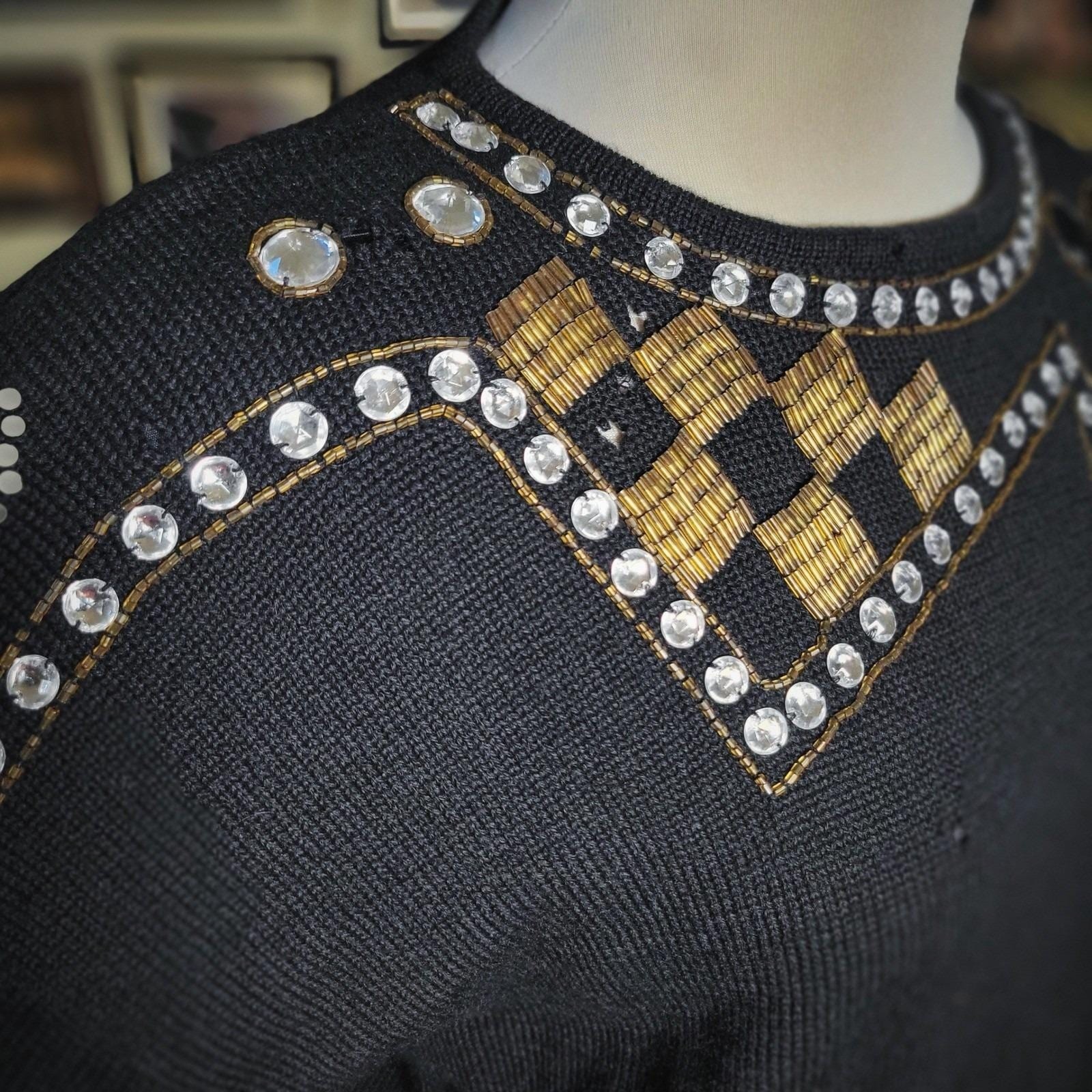 Cervelle Wool Sweater Vintage 80s Beaded Embellished Black Knit Top Large 6470C